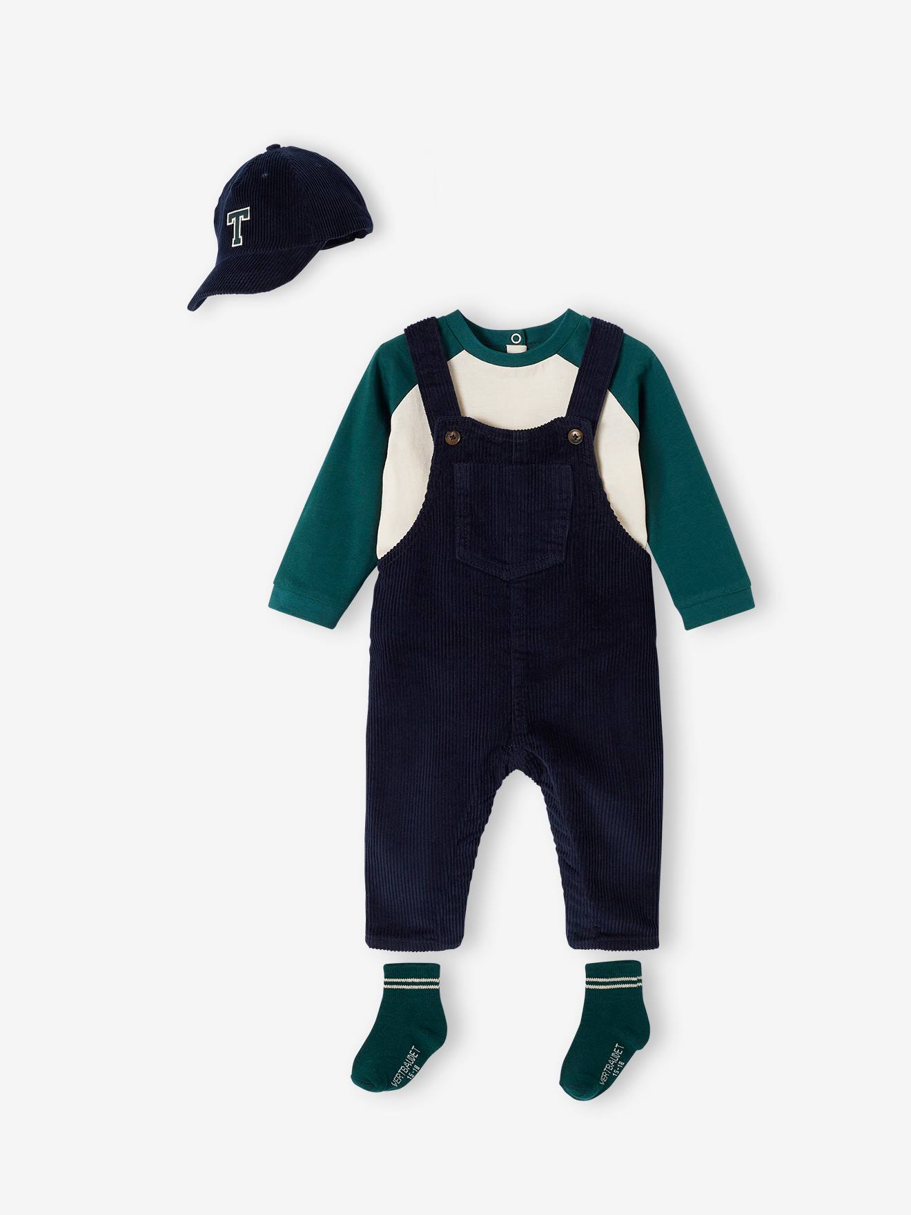 Vertbaudet Baby-Set: Shirt, Latzhose, Cap & Socken - nachtblau
