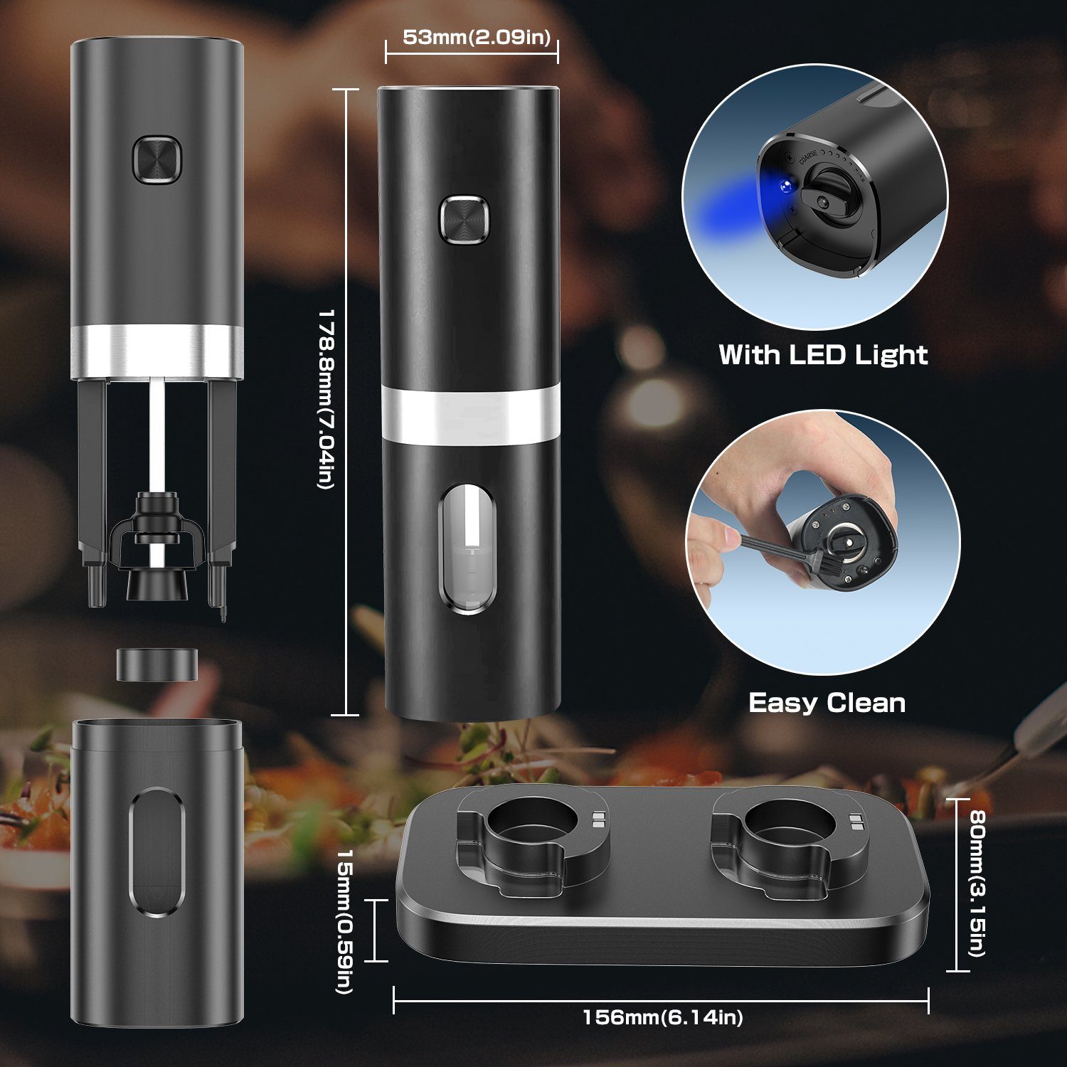 Tisoutec Salz-/Pfeffermühle Salz und Pfeffermühle Salzmühle 2er Set Elektrisch USB Aufladbar Gewürzmühle mit Keramikmahlwerk,Adjustable Gewürzmühle mit Wiederaufladbare Batterie und LED Indikator,Chilimühle Grinder