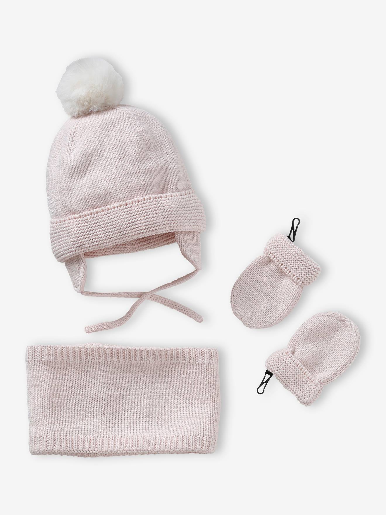 Ensemble bébé fille bonnet + snood + moufles rose pâle