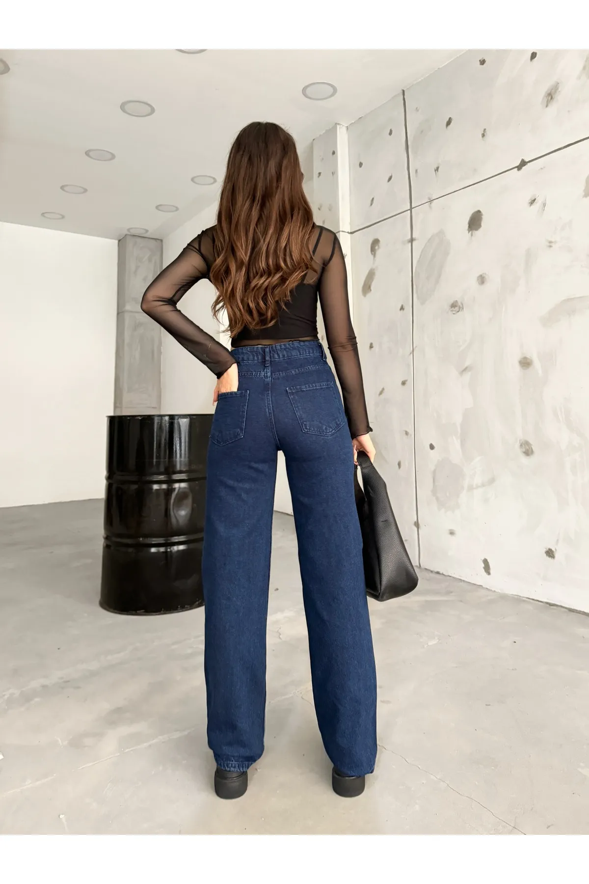BİKELİFE  Marineblaue Damenjeans mit hohem Bund und dehnbarem Lycra und weitem Bein