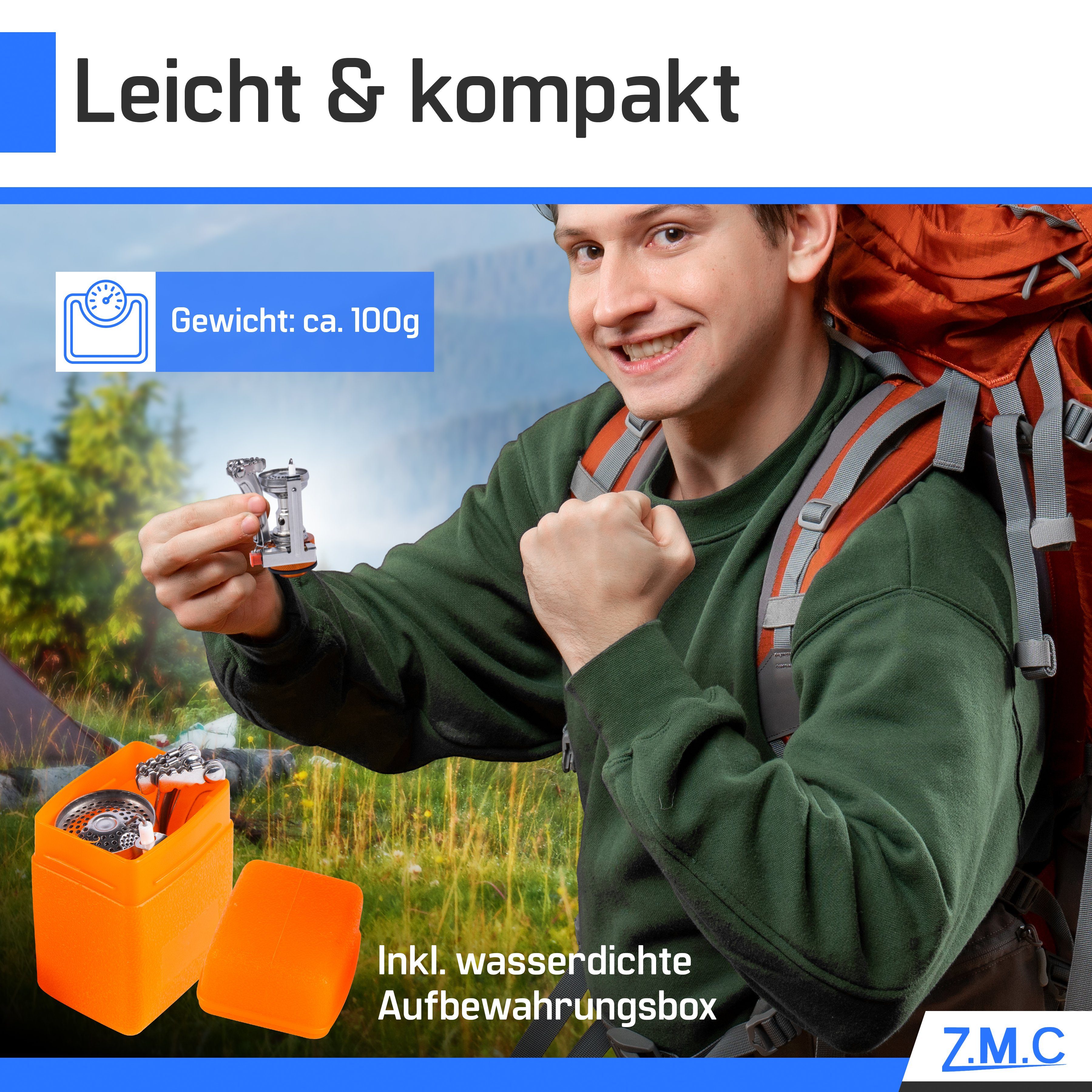 ZMC Gaskocher Mini Outdoor Campingkocher 3200W, (Butan Gas Kartusche Piezozündung Kochfeld), Camping Gas Kocher Stove Herd Kartuschenkocher Faltbar Butangas