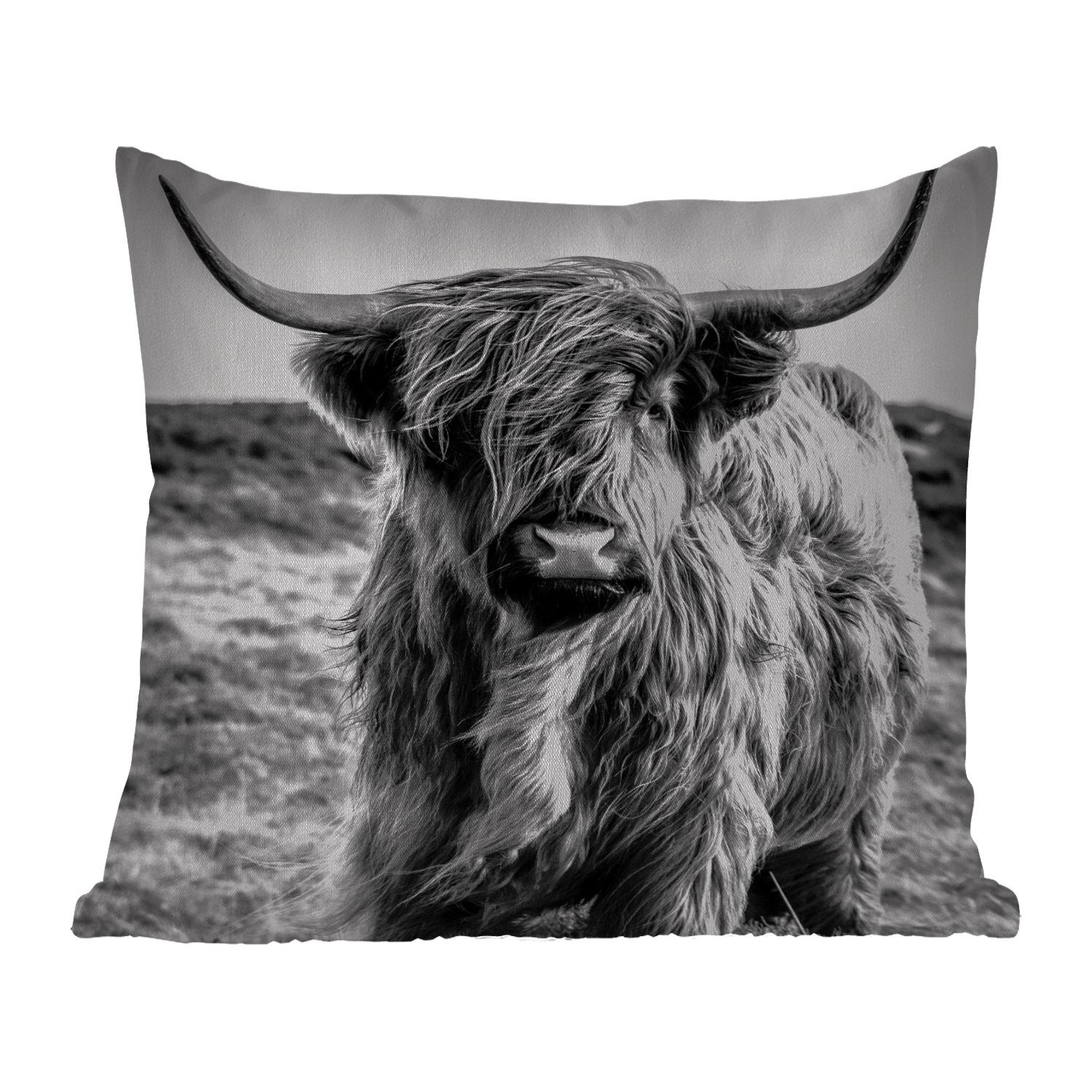 MuchoWow Dekokissen Schottischer Highlander - Natur - Kuh - Schwarz - Weiß, Kissenbezüge, Kissenhülle, Dekokissen, Dekokissenbezug, Outdoor