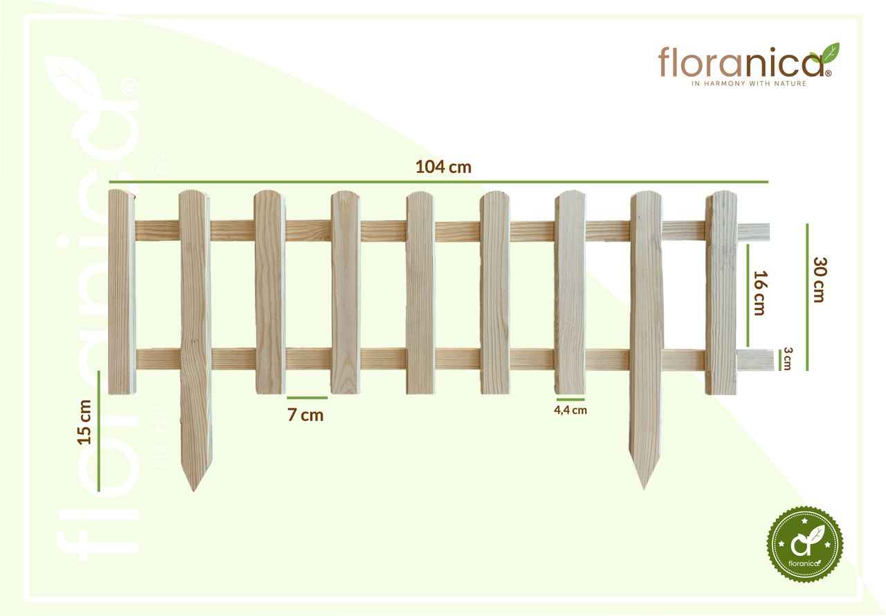 Pemicont Floranica Vorgarten Gartenzaun aus Holz Vampir 1 STK 104cm Höhe 30cm Unbehandelt Kieferholzzaun Dekorativer Steckzaun für Blumenbeete Gemüsebeete Wegeinfassungen