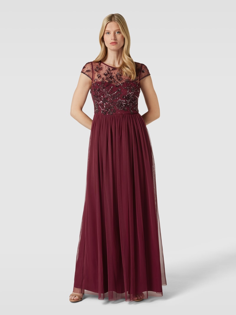 Abendkleid mit Zierbesatz in kirschrot