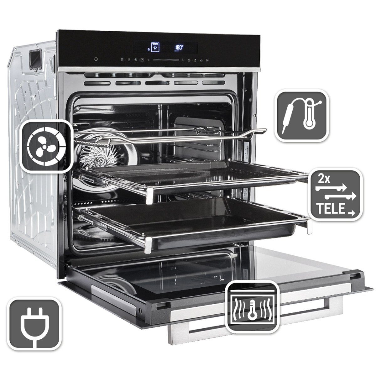 KKT KOLBE Einbaubackofen Backofen Elektroherd EB8017ED, mit 2-fach Teleskopauszug, DampfClean, Katalytische Platten, 60cm / 72 l / Heißluft / Teleskopauszüge / Katalyse-Reinigung / Touch