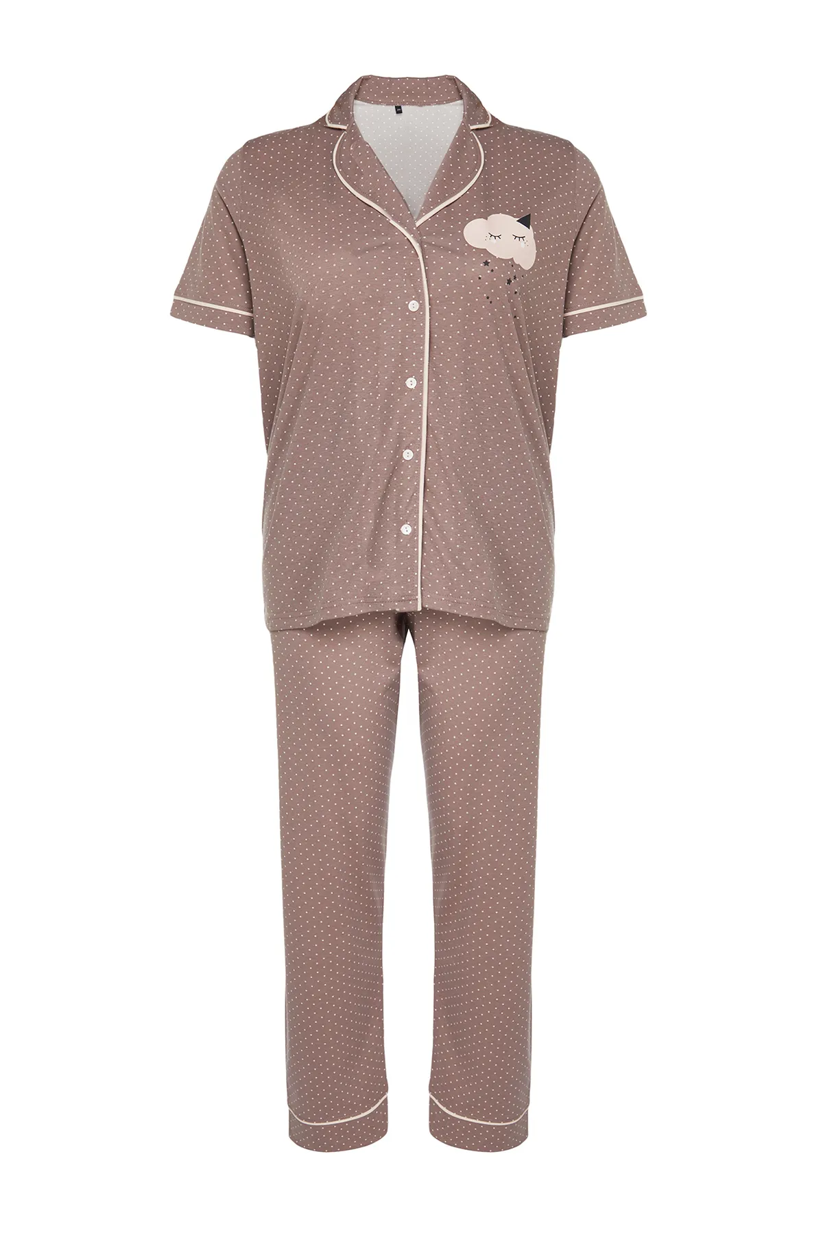 Trendyol Curve  Gestricktes Pyjama-Set mit Hemdkragen und Nerzmuster und Polka Dots TBBAW24AI00037
