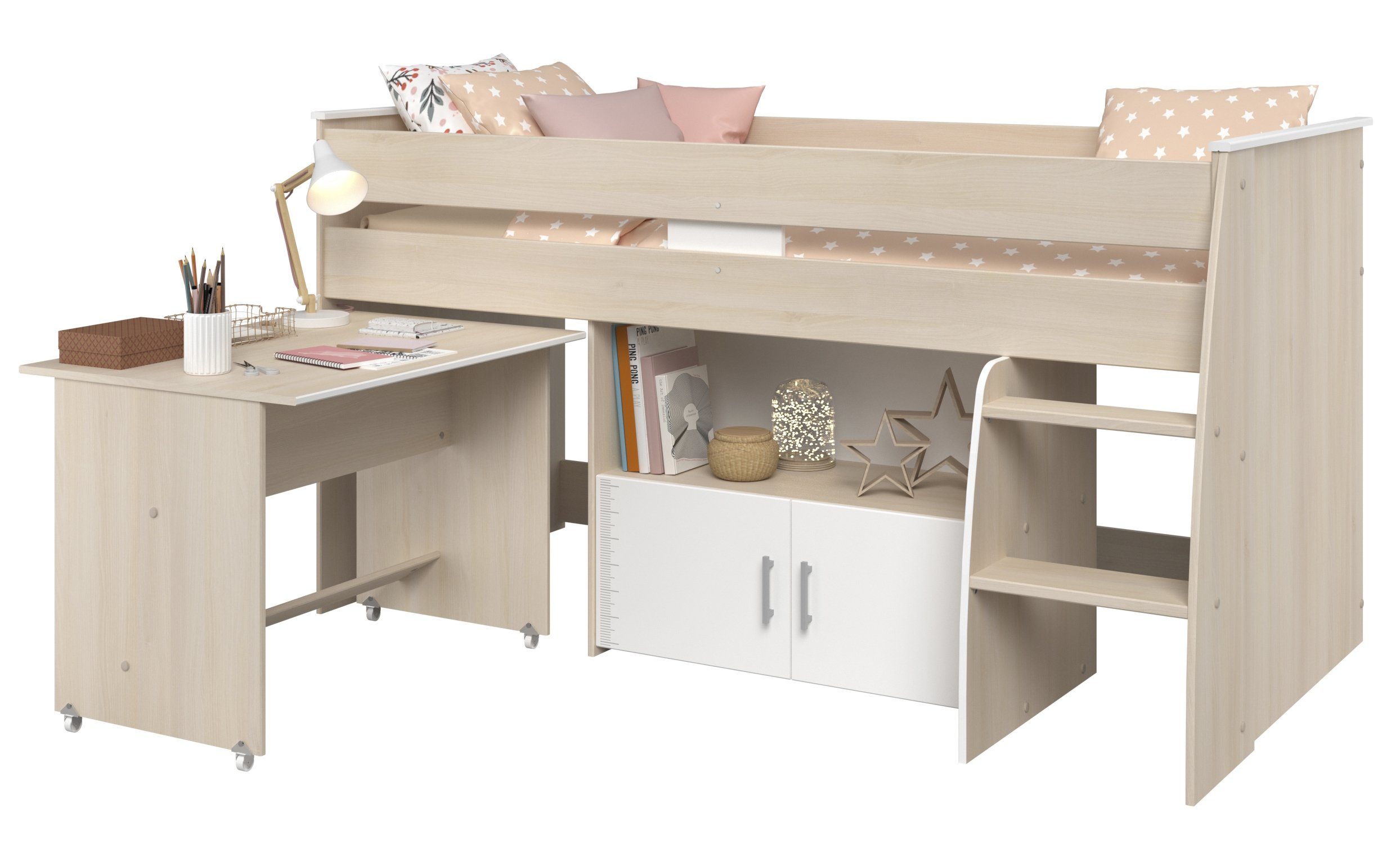 Parisot Jugendzimmer-Set Charly, (Komplett Set, 1-St., in verschiedenen Zusammenstellungen wählbar), Hochbett mit Schreibtisch