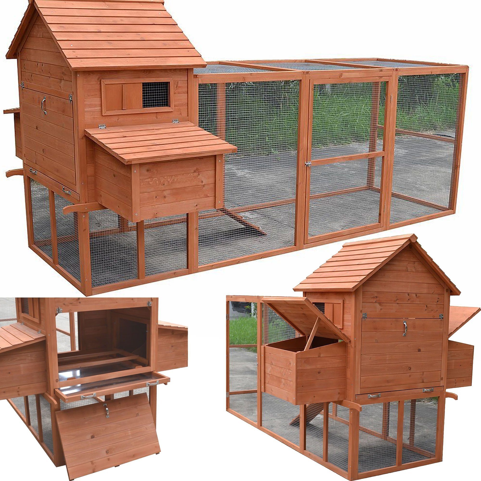 Melko Hühnerstall Geflügelstall Hasenstall Kaninchenkäfig Hühnerhaus XXL aus Holz in Braun mit Gitter, Türen, Freilauf und Überdachung für Hühner & Kleintiere, Freilauf