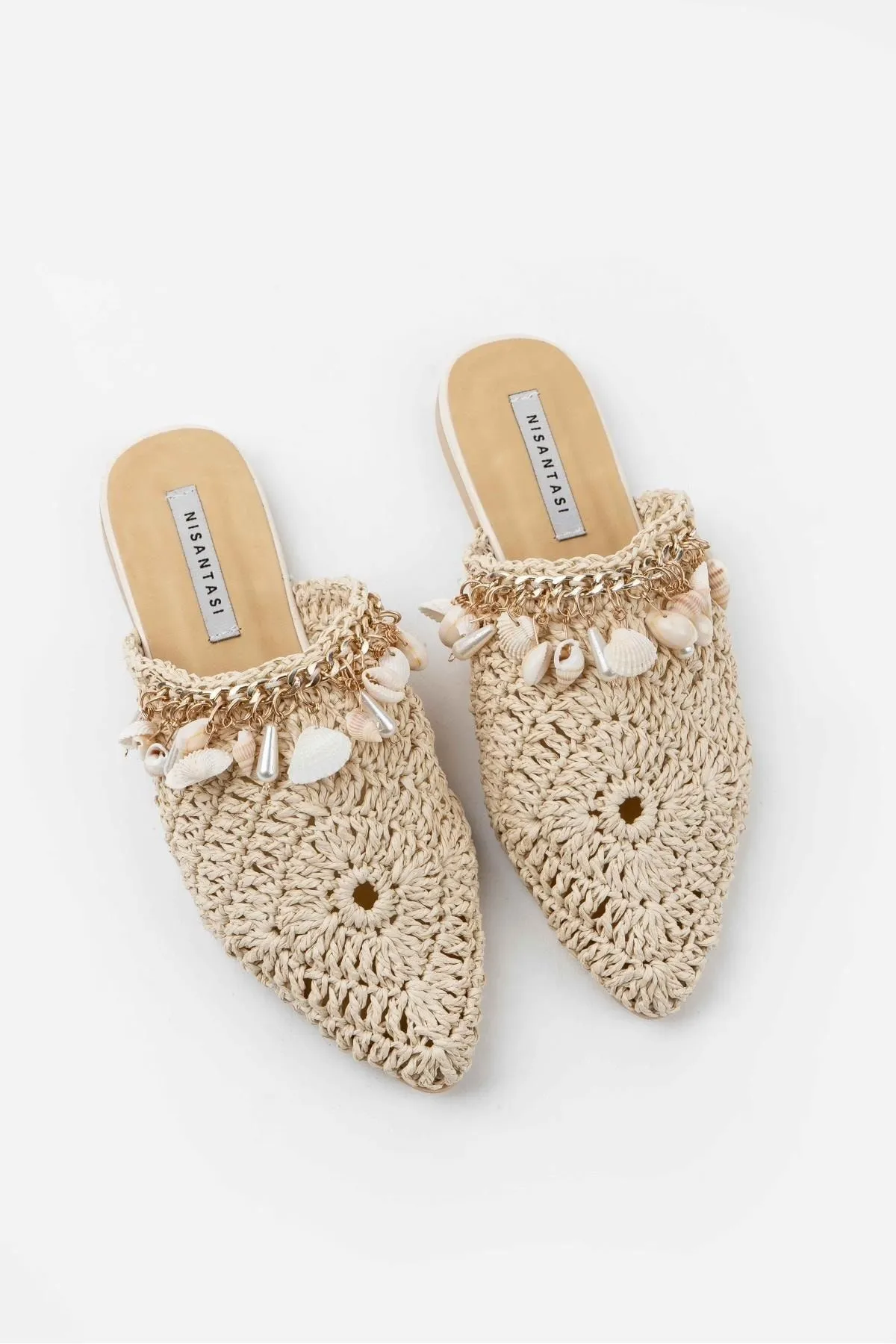 NİŞANTAŞI SHOES  Lisa Beige Gestrickte Damenhausschuhe mit Muscheldetails