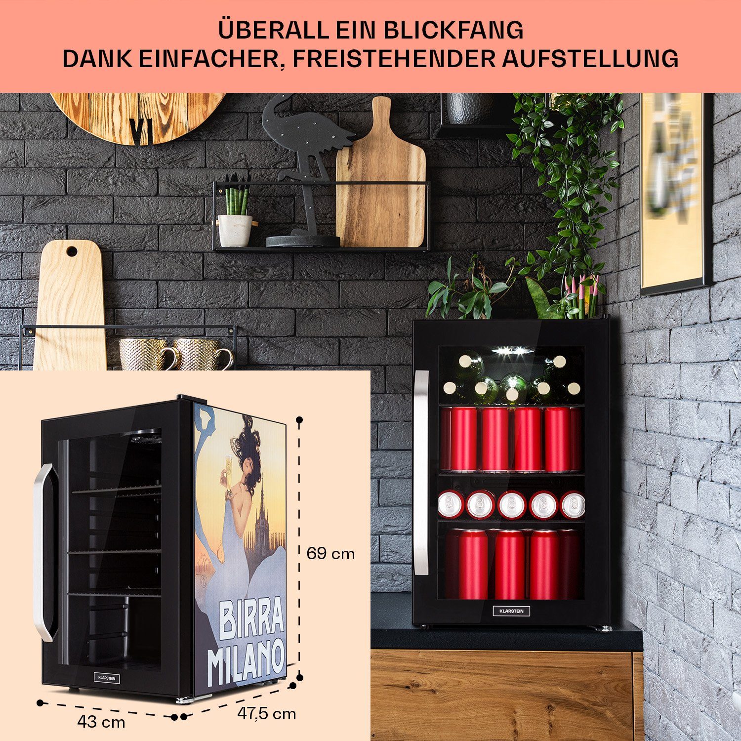 Klarstein Getränkekühlschrank HEA13-Birra-Milan-OX 10041180, 67 cm hoch, 43 cm breit, Bierkühlschrank Getränkekühlschrank Flaschenkühlschrank mit Glastür