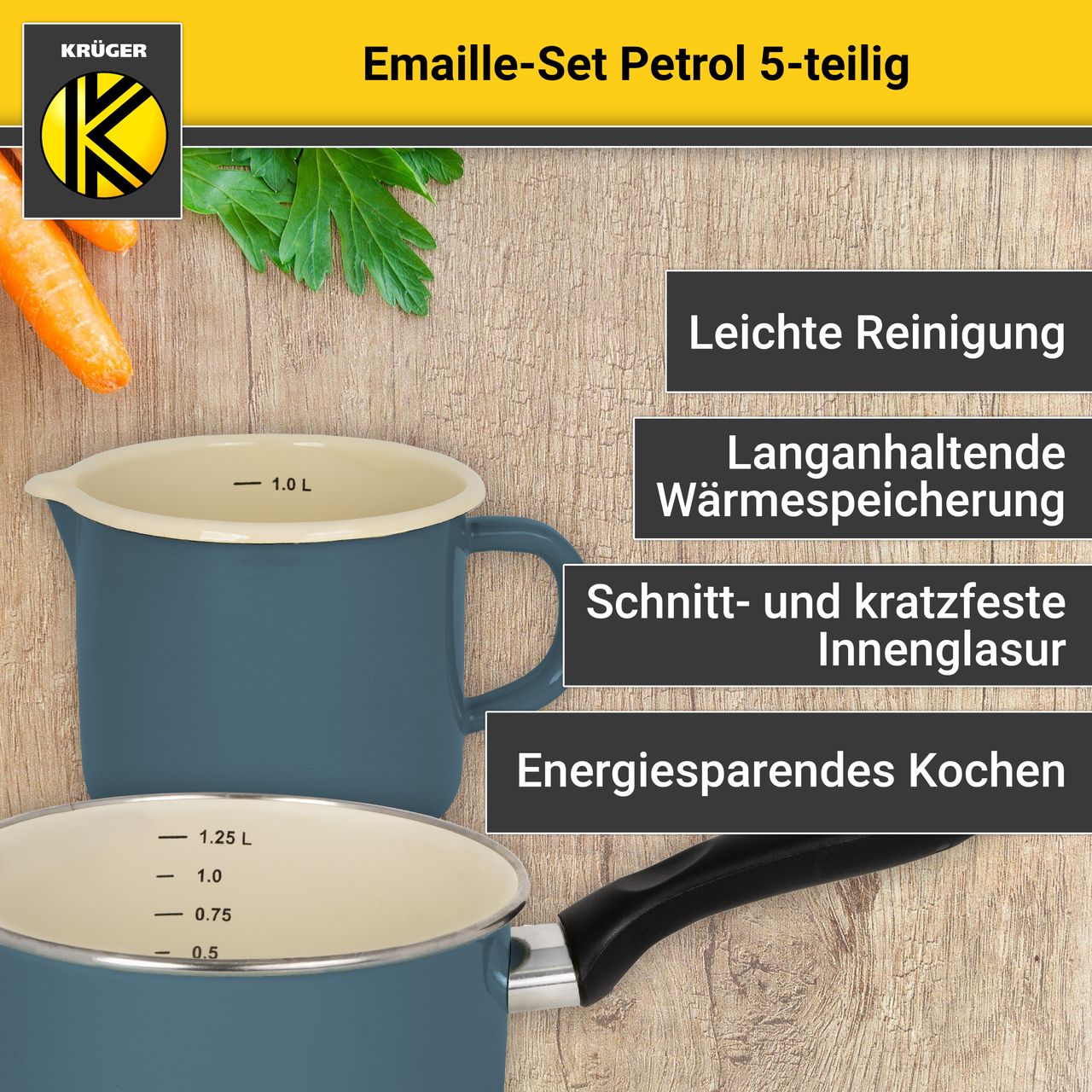 Karl Krüger Emailliertes Topf-Set PETROL, 5tlg.