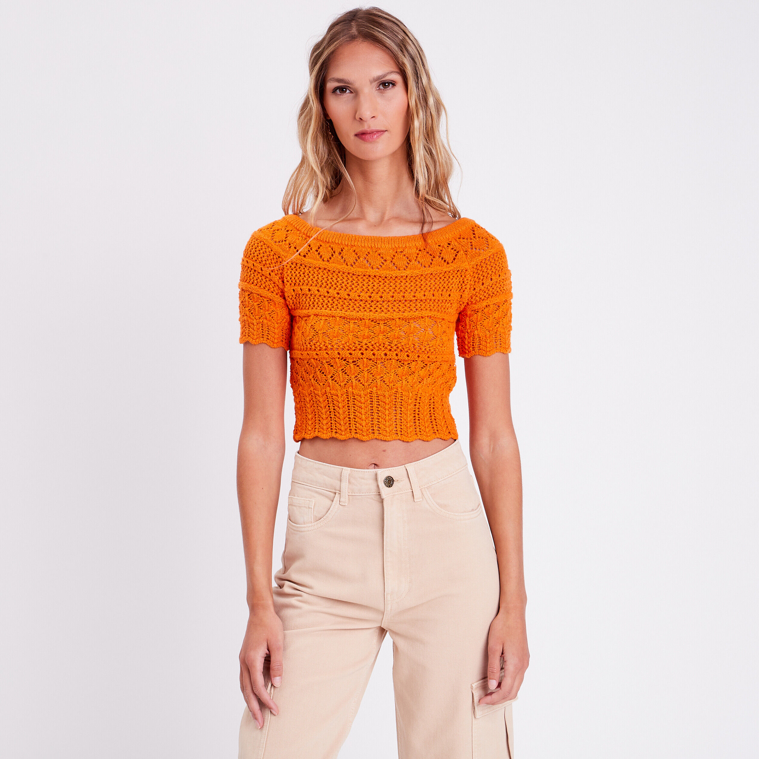 Crop top crochet orange femme | Cache Cache
