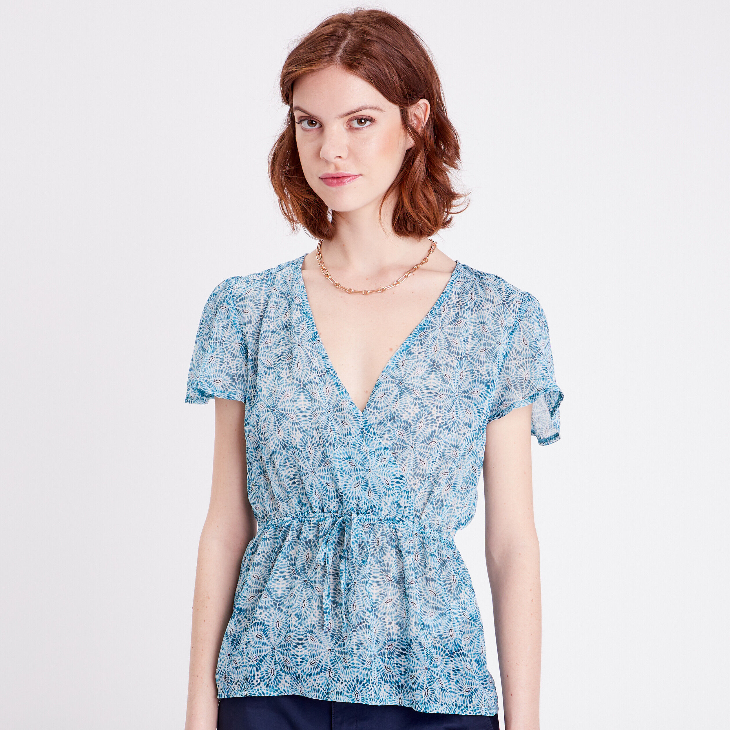 Blouse cintrée col cache-coeur bleu femme | Cache Cache