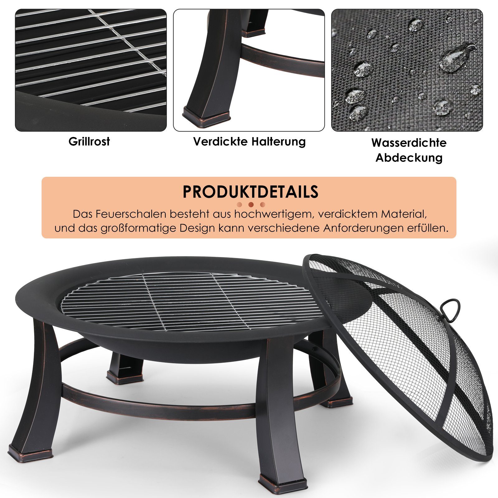 TLGREEN Feuerschale, Φ76cm Feuerkorb mit grillrost, Feuerschalen für den garten, BBQ grill