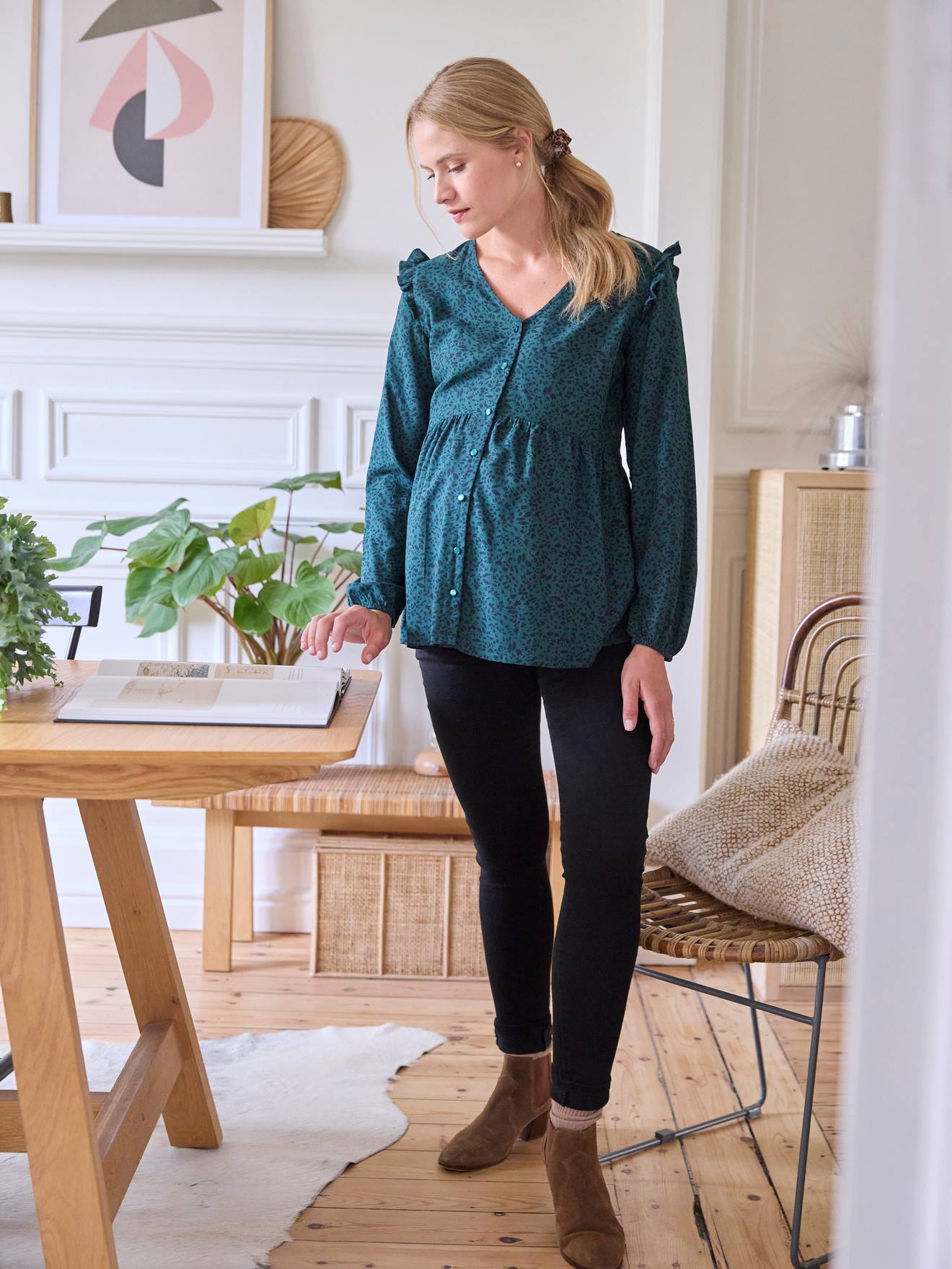 Blouse imprimée volantée grossesse et allaitement vert sapin