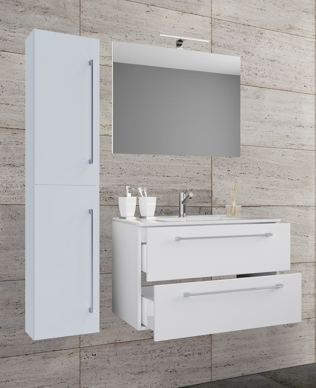 VCM Waschplatz Badinos 80 cm Spiegel & Hochschrank 4-tlg. Weiß
