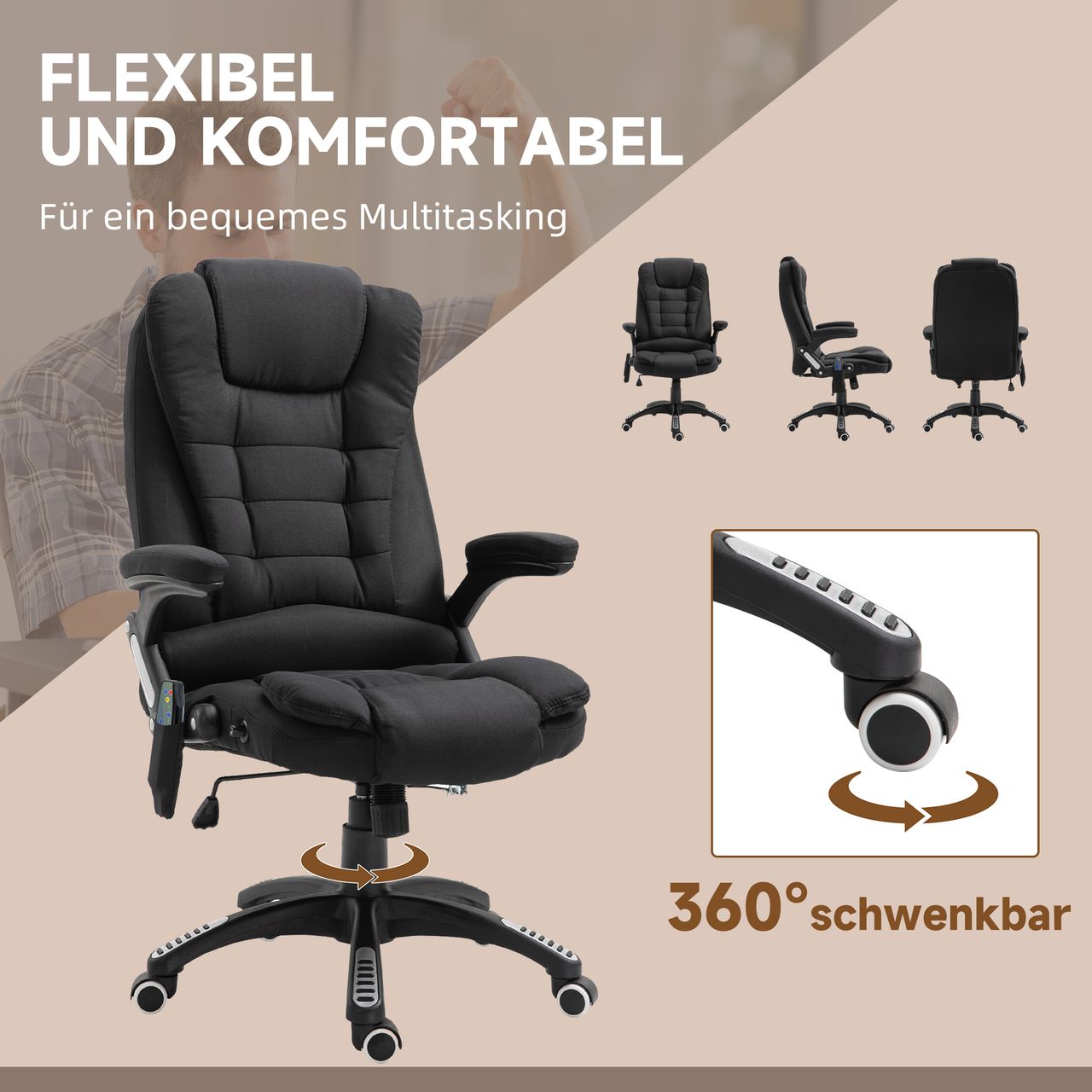 Vinsetto Massagesessel Chefsessel mit Massagefunktion höhenverstellbarer Drehstuhl ergonomischer Gamingstuhl Bürostuhl massage Schwarz 68 x 72 x 110–120 cm