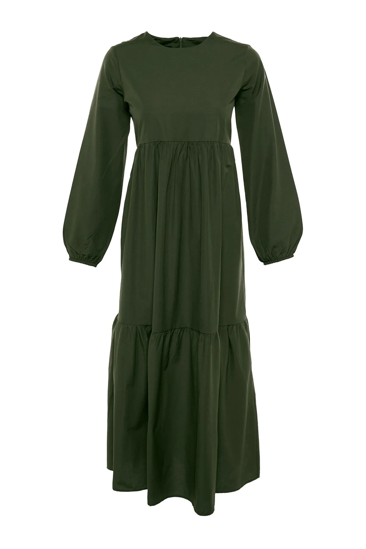 Trendyol Modest  Khakifarbenes, gewebtes Baumwollkleid mit weitem Schnitt und Raffung TCTSS21EL3406