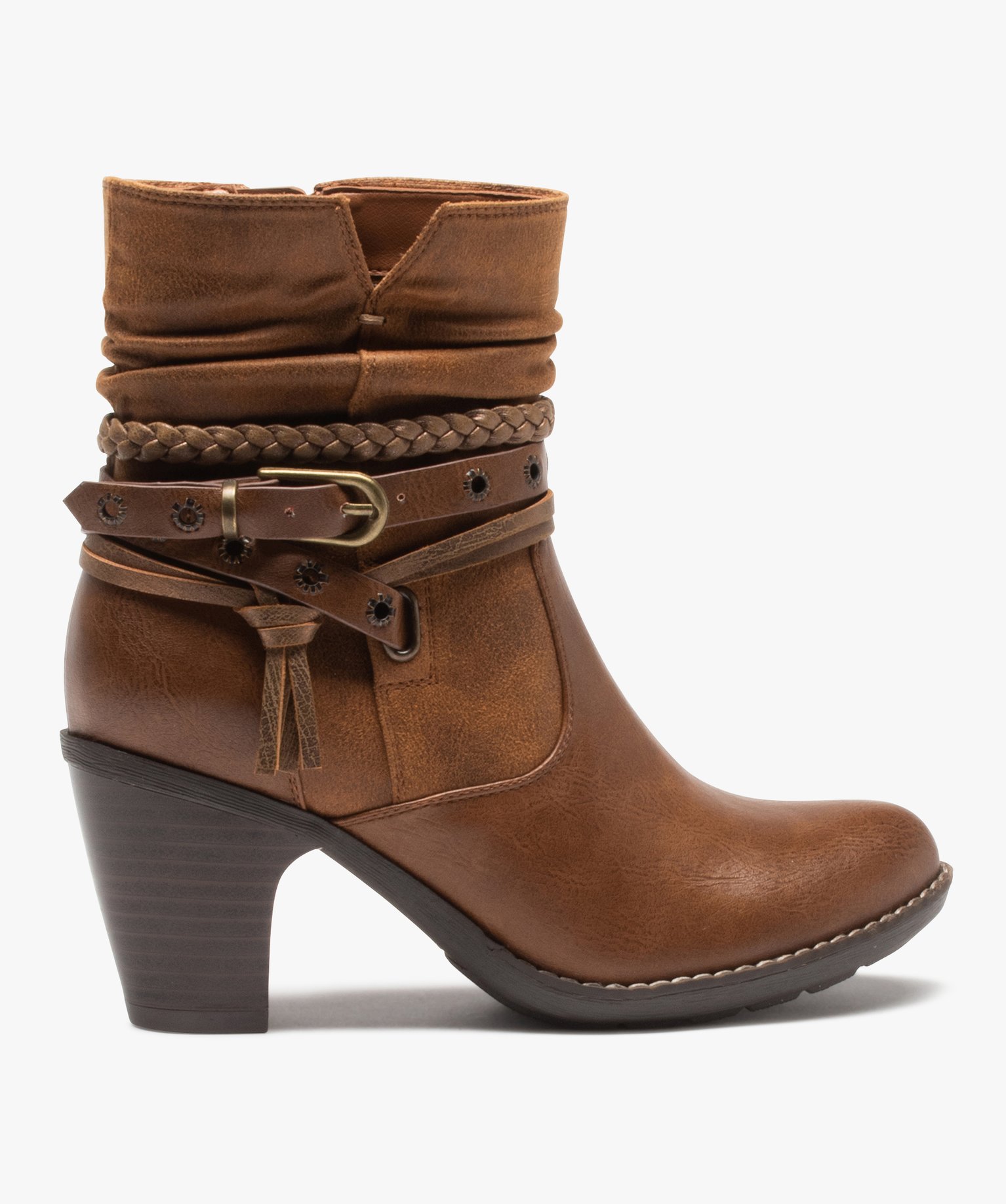 Boots femme à talon rainuré et brides fantaisie camel | GEMO