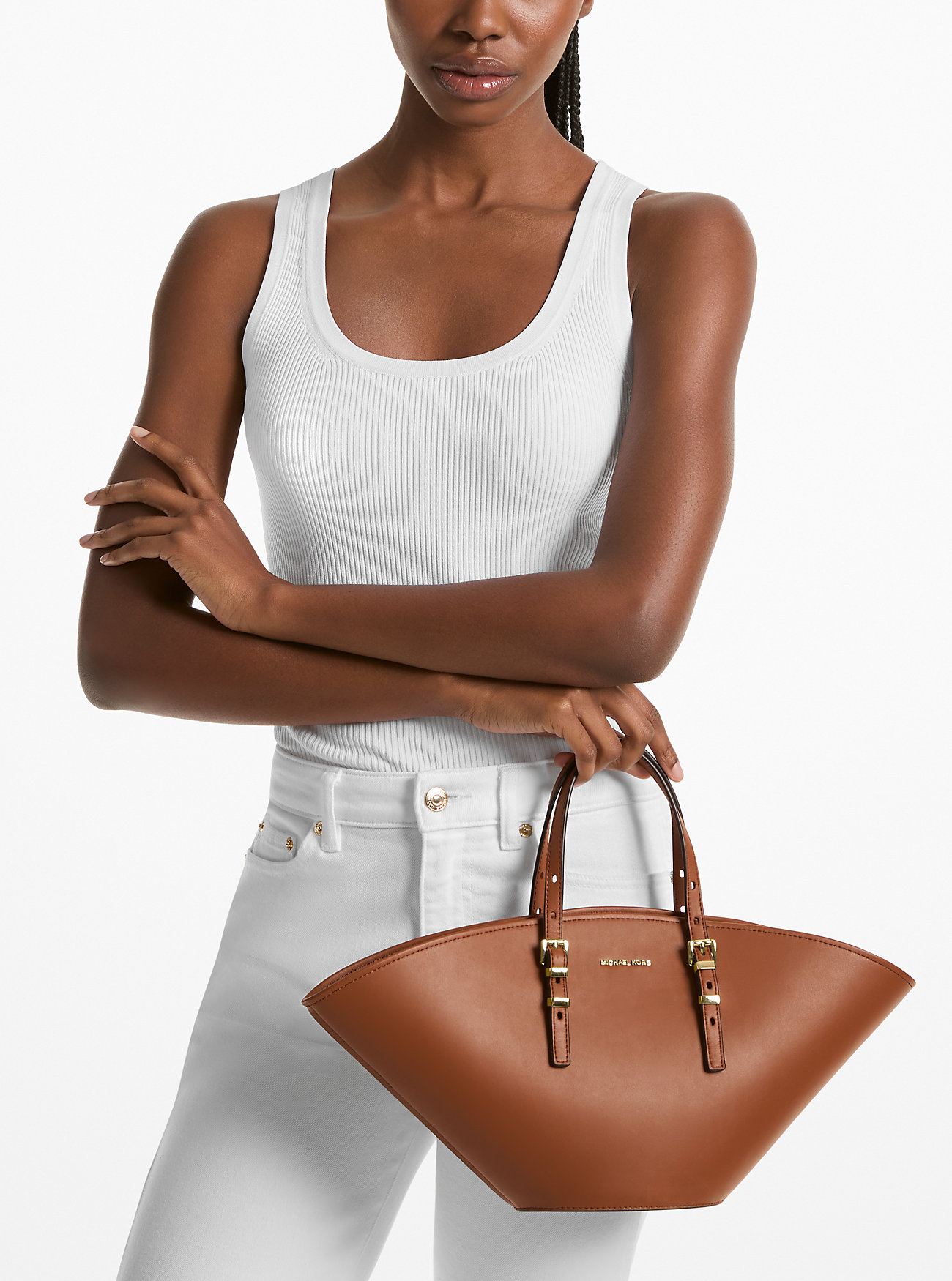 Isa Small Leather Fan Tote Bag - LUGGAGE