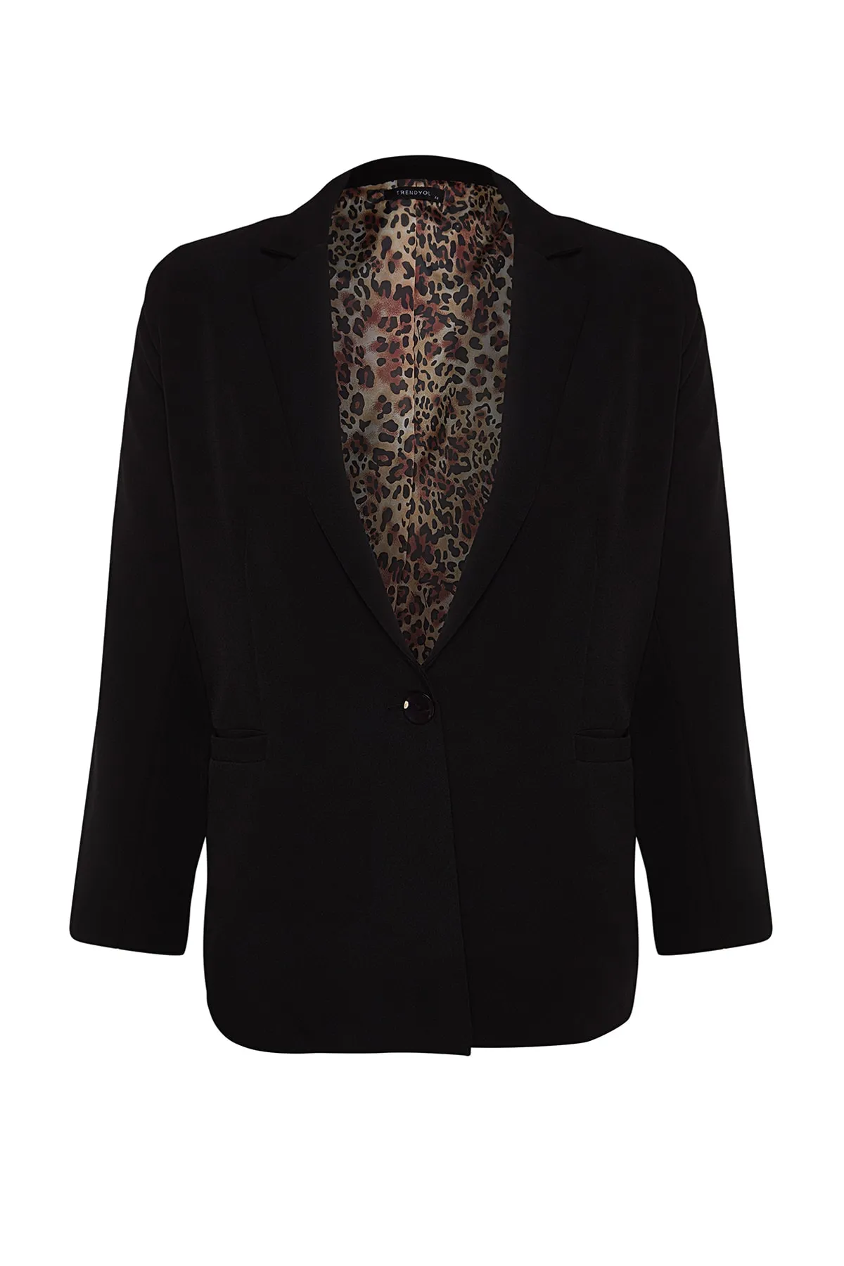 Trendyol Curve  Schwarze gewebte Blazerjacke mit Leopardenfutter TBBSS22CE0195