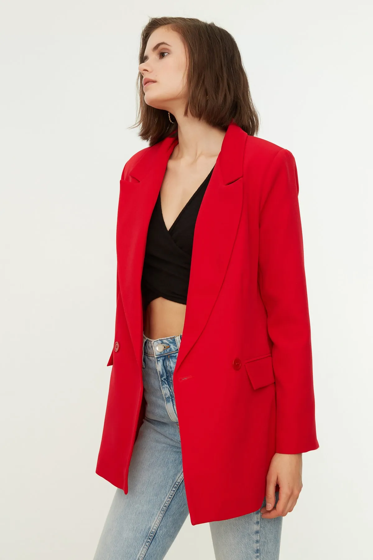 Trendyol Collection  Roter, normal gefütterter, zweireihiger, gewebter Blazer mit Verschluss TWOSS20CE0059