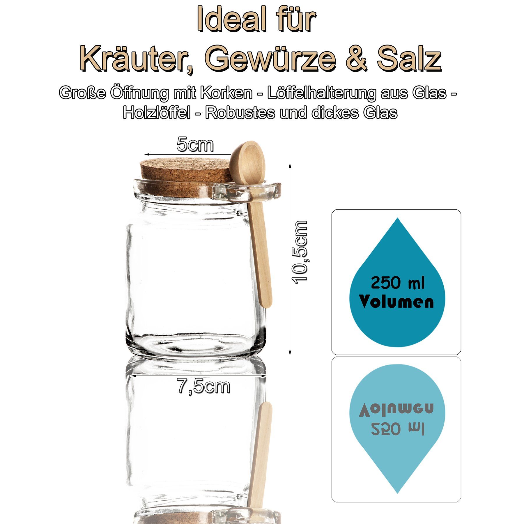 BigDean Gewürzbehälter 6x Gewürzgläser mit Löffel Luftdichter Korkverschluss Gewürzglas G, Glas. Kork, (6-tlg)