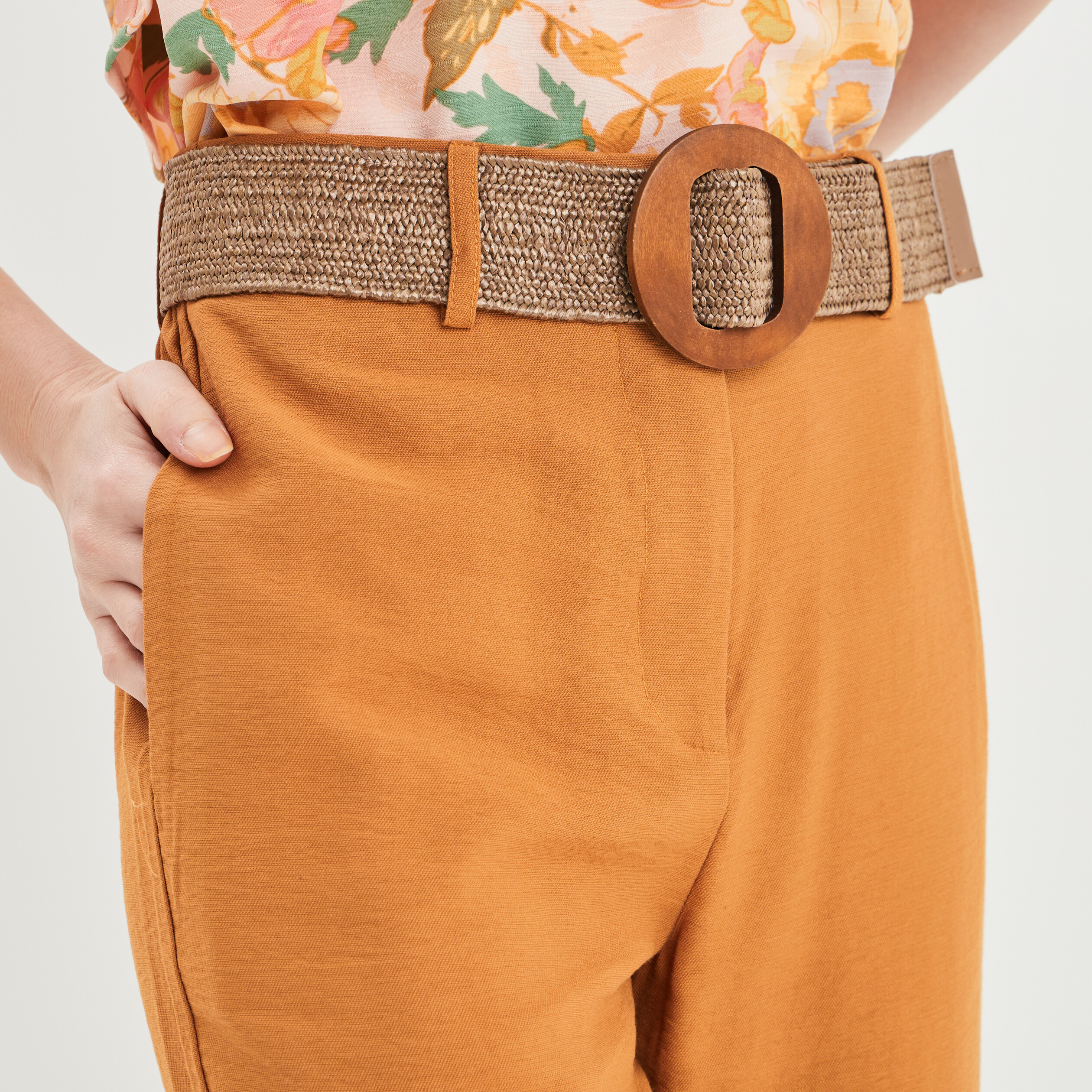 Pantalon large taille haute ceinturé marron cognac femme | La Halle