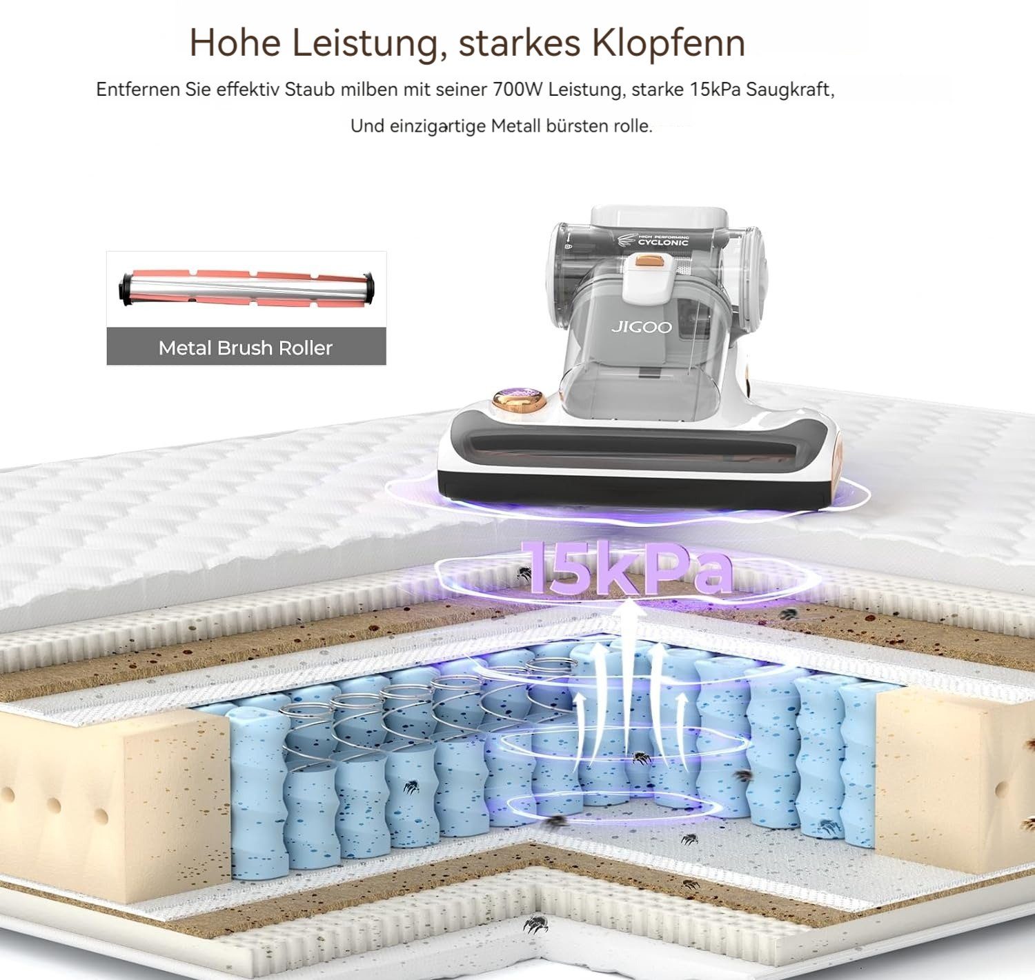 Jigoo Matratzenreinigungsgerät T600, 700,00 W, 60℃ 5s Schnellheizung Staubsammler, 72dB Leises Design ohne Lärm