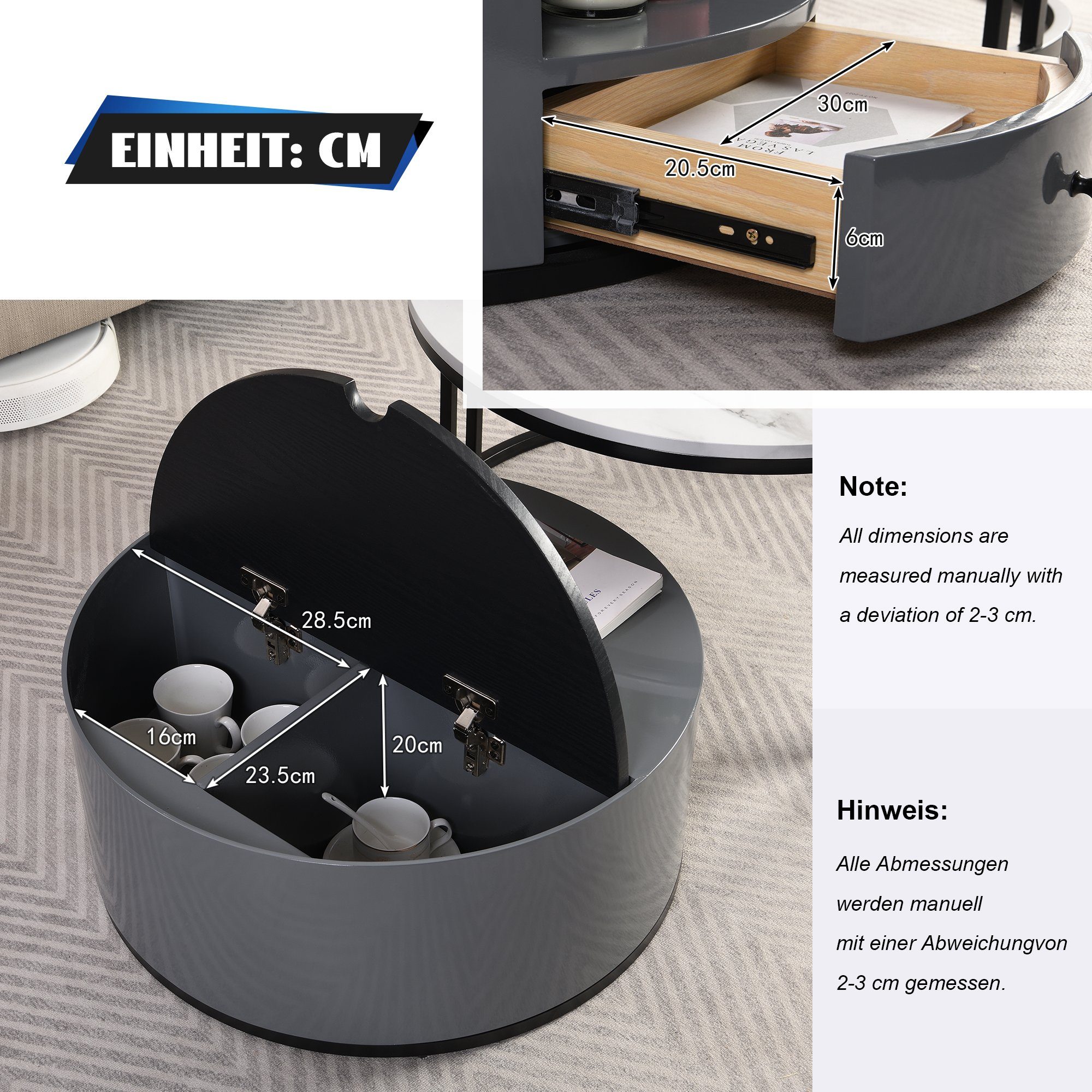 BlingBin Couchtisch Zweiteiliger Nesting-Couchtisch (1-St., 2er set, Schwarzer und grauer PVC-Marmor-Look und Aufbewahrung), mit Schublade und offener Stauraum, Staufach unter dem Schreibtisch