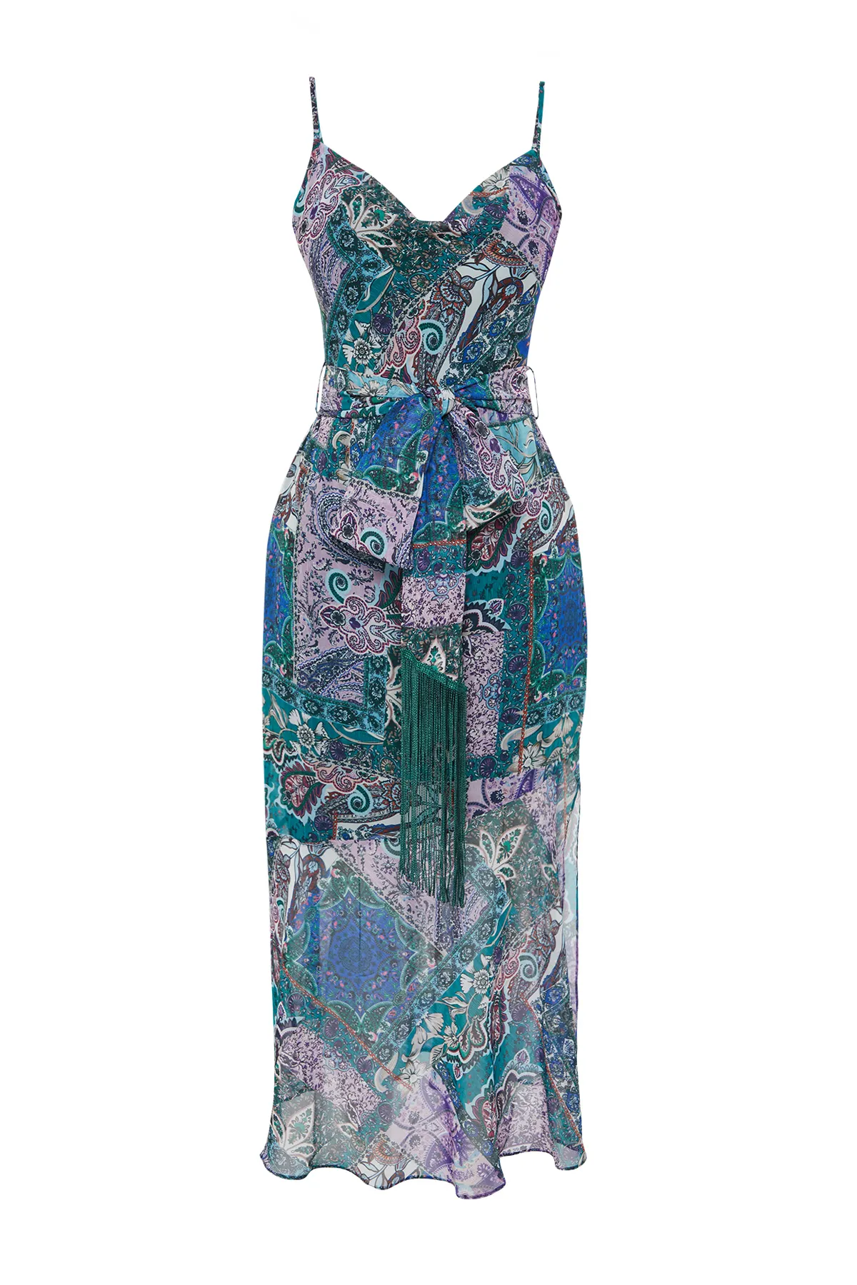 Trendyol Collection  A-Linien-Kleid aus lila Chiffon – Ethno-Muster, Gürtel, Quastendetail und Maxi-Futter TWOSS23EL01777