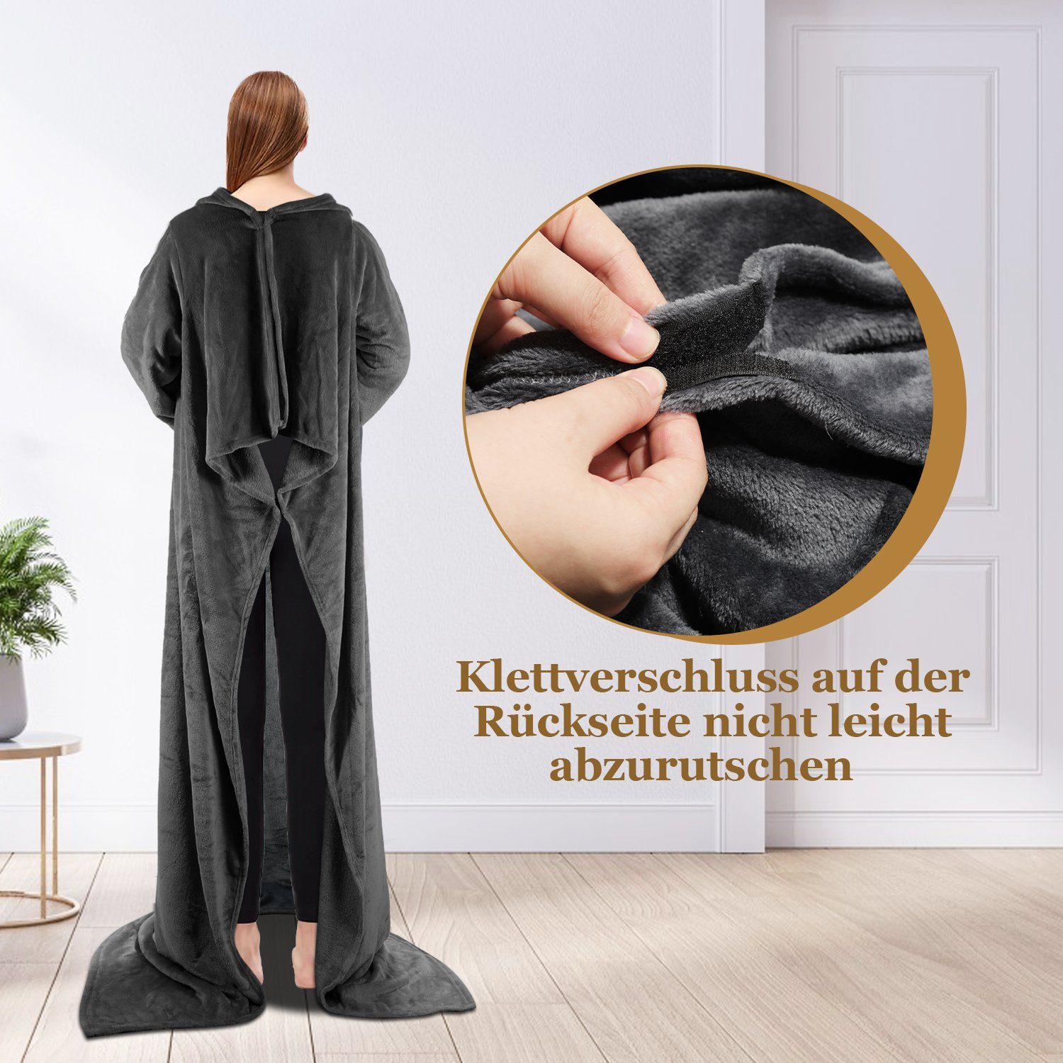Wohndecke Decke mit Ärmeln TV Kuscheldecke aus weichem Flanell 150x180cm Grau, Lospitch