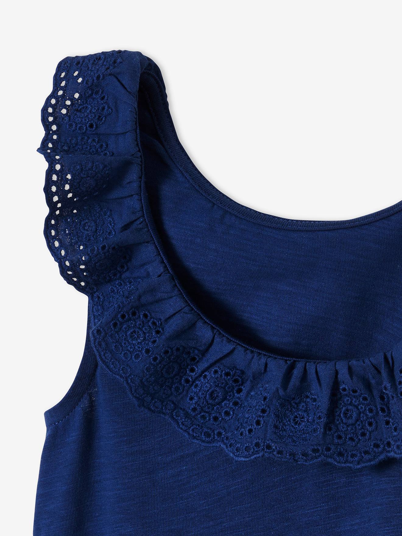 Débardeur fille col volanté en broderie anglaise bleu