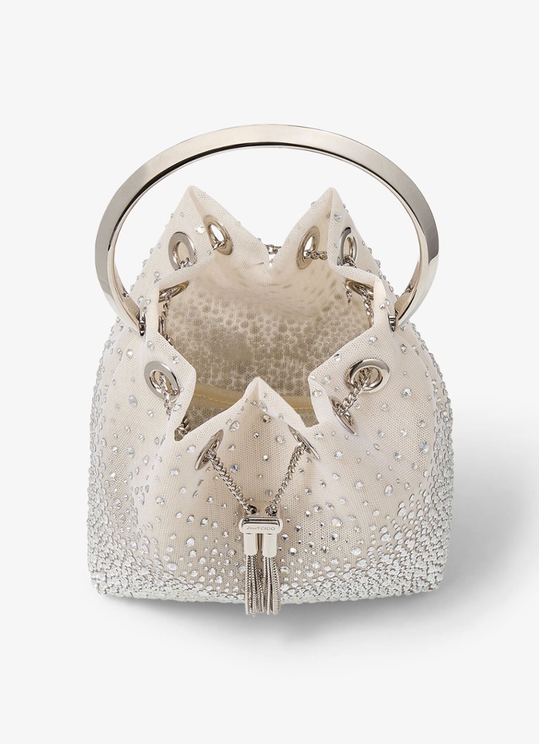 Geantă de plasă Jimmy Choo Bon Bon, decorată cu cristale.