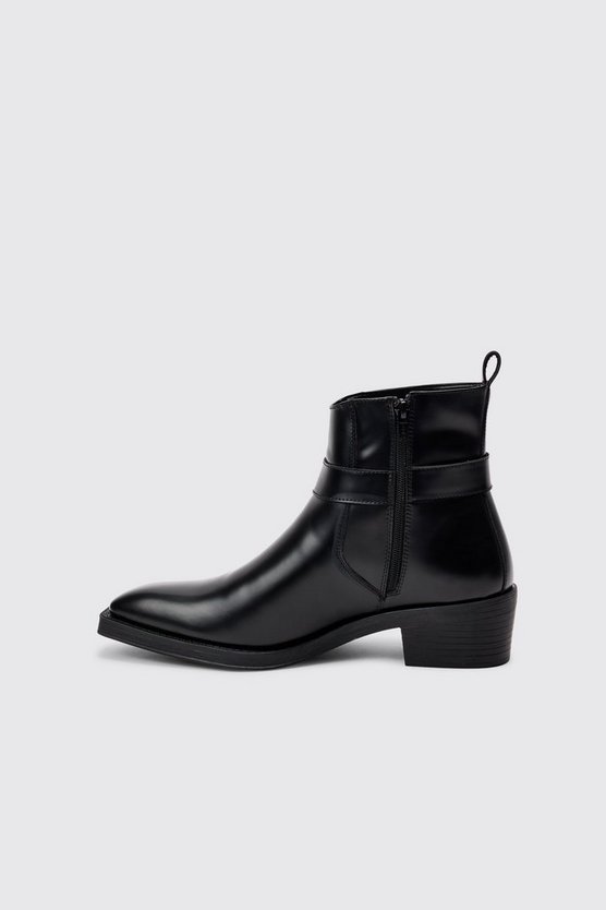 Schwarz eckige PU-Stiefel mit Schnallen-Detail