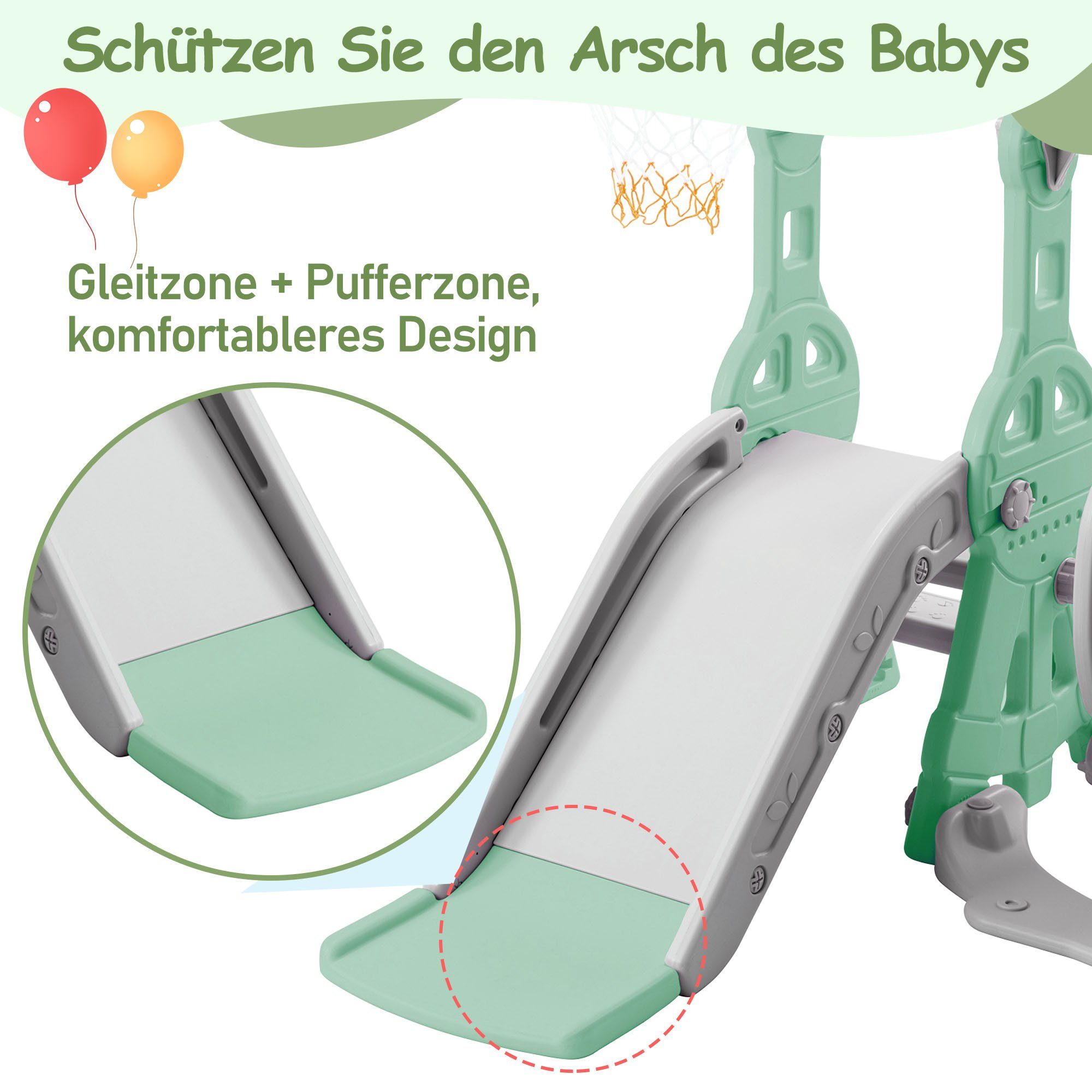Ulife Indoor-Rutsche 4 in 1 Rutsche Kinderrutsche Fun-Slide Schaukel mit Basketballkorb, für In- und Outdoor