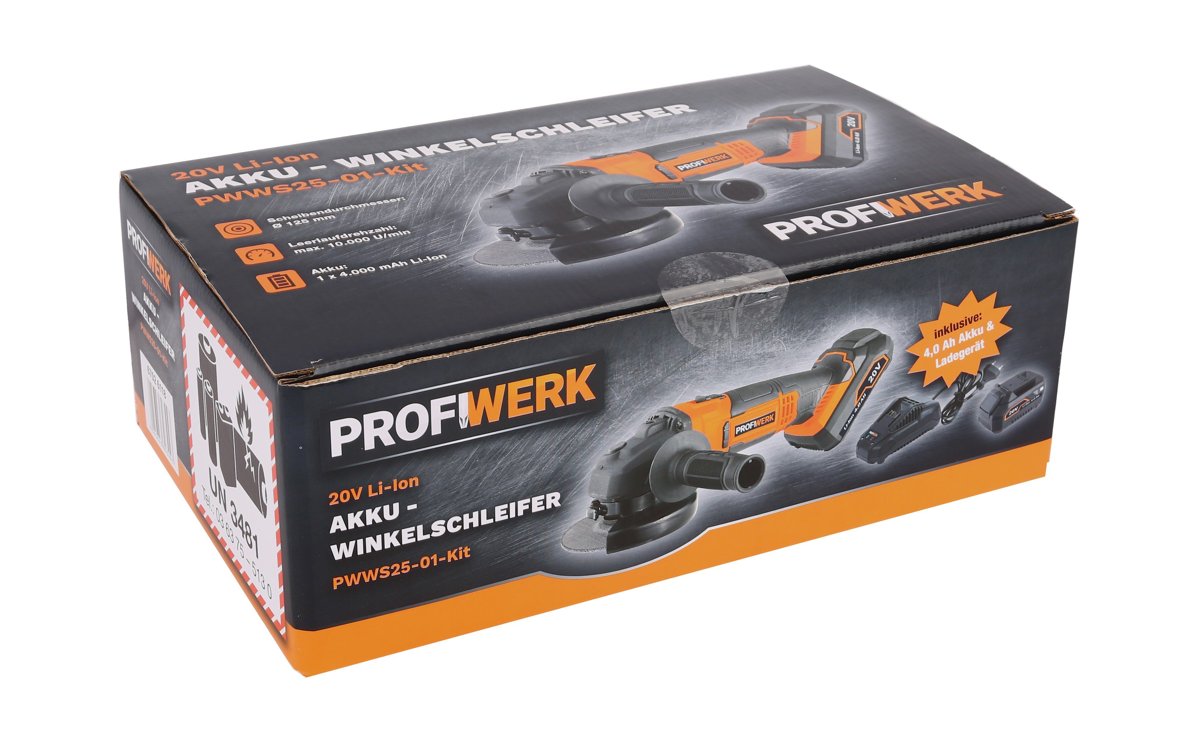 Profiwerk Akku-Winkelschleifer PWWS25-01-Kit 20V, 125mm, M14, 4Ah Akku, max. 10000 U/min, Netzteil, Sicherungsmutternschlüssel