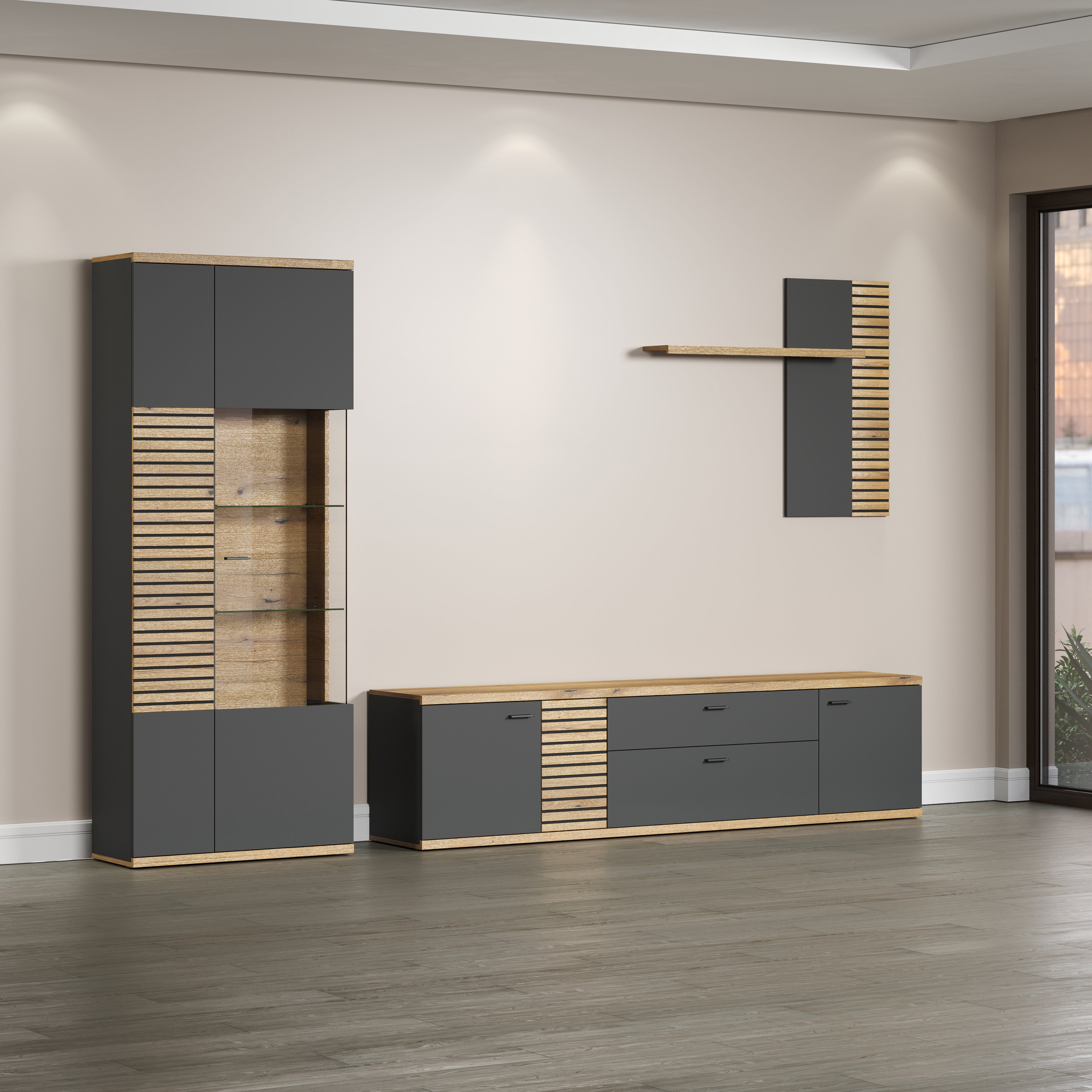 INOSIGN Wohnwand NORRISWW, (Set, 3-St), Wohnwand-Set in Anthrazit mit Coast Evoke Eiche, Türen mit Soft-Close