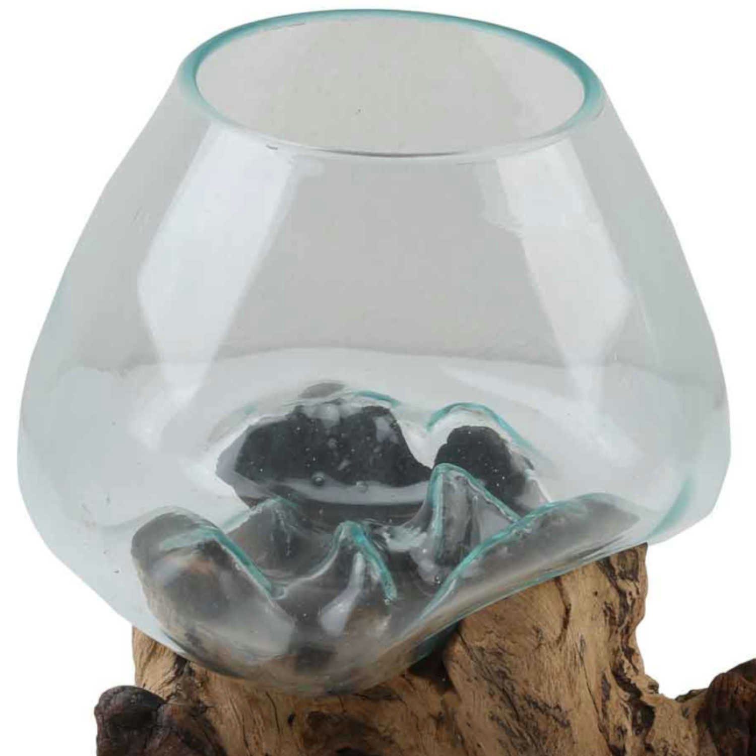 Casa Moro Dekovase Glasvase auf Wurzelholz aus Recycling Glas Ø 20cm & Teak Wurzel (einzigartige Glas Vase auf Wurzel Holz, Couchtisch Esszimmer Wohn Tisch Deko), Kunsthandwerk Pur - Jede Vase ist garantiert ein Unikat