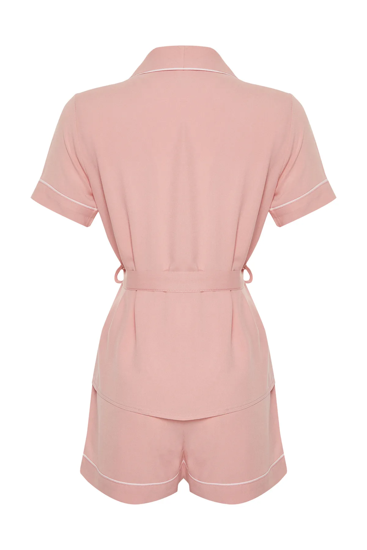 Trendyol Collection  Pyjama-Set aus Viskose mit Hemd und Shorts aus gewebtem Stoff mit Gürtel und Paspelierung „Dried Rose“ THMSS23PT00203