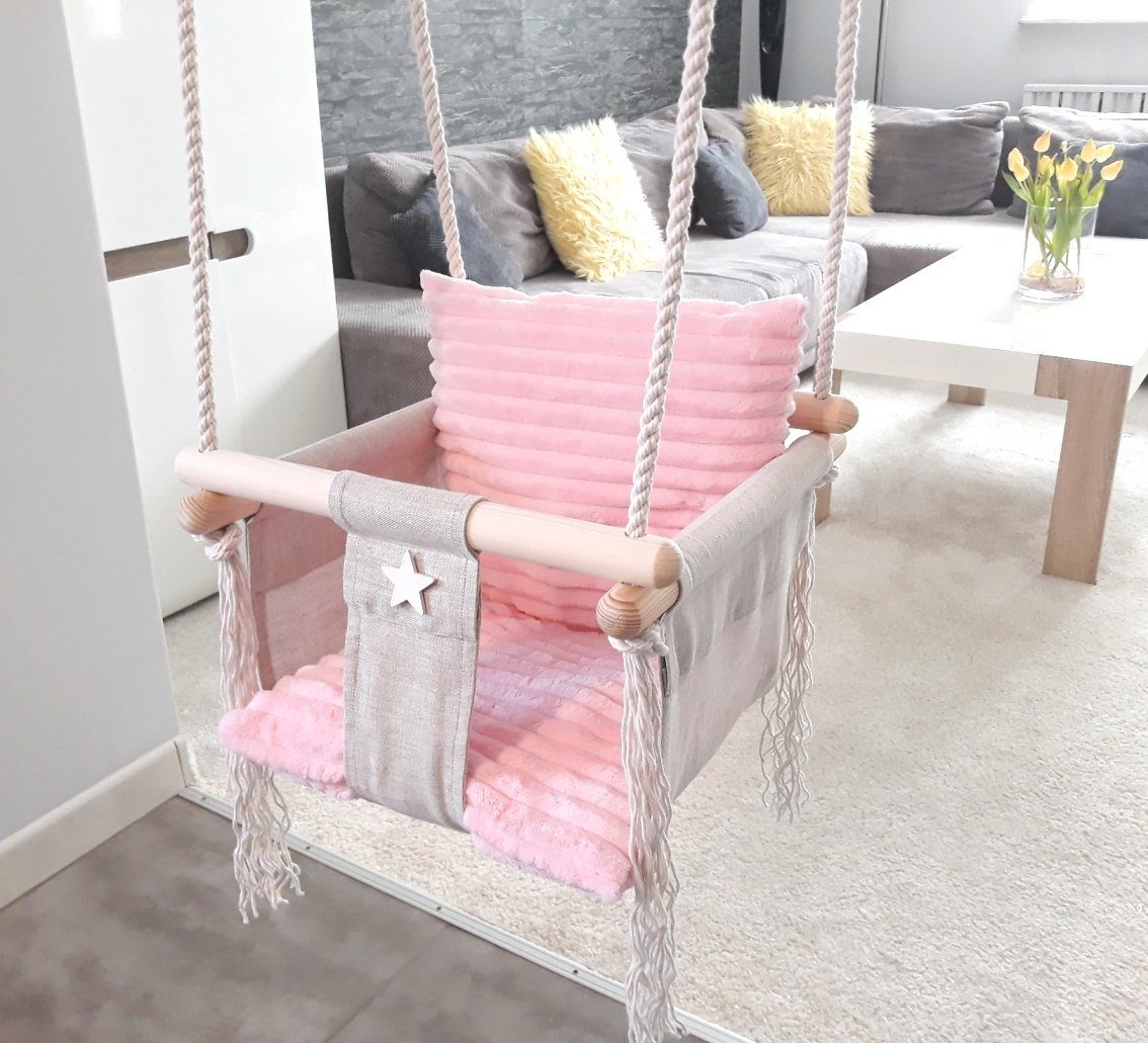 Rainbow Kids Babyschaukel Holz Stoff Leinen Rosa Minky, Made in Europe
