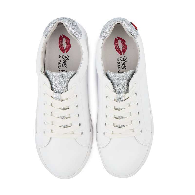 Baskets en cuir Simone blanc/glitter argent