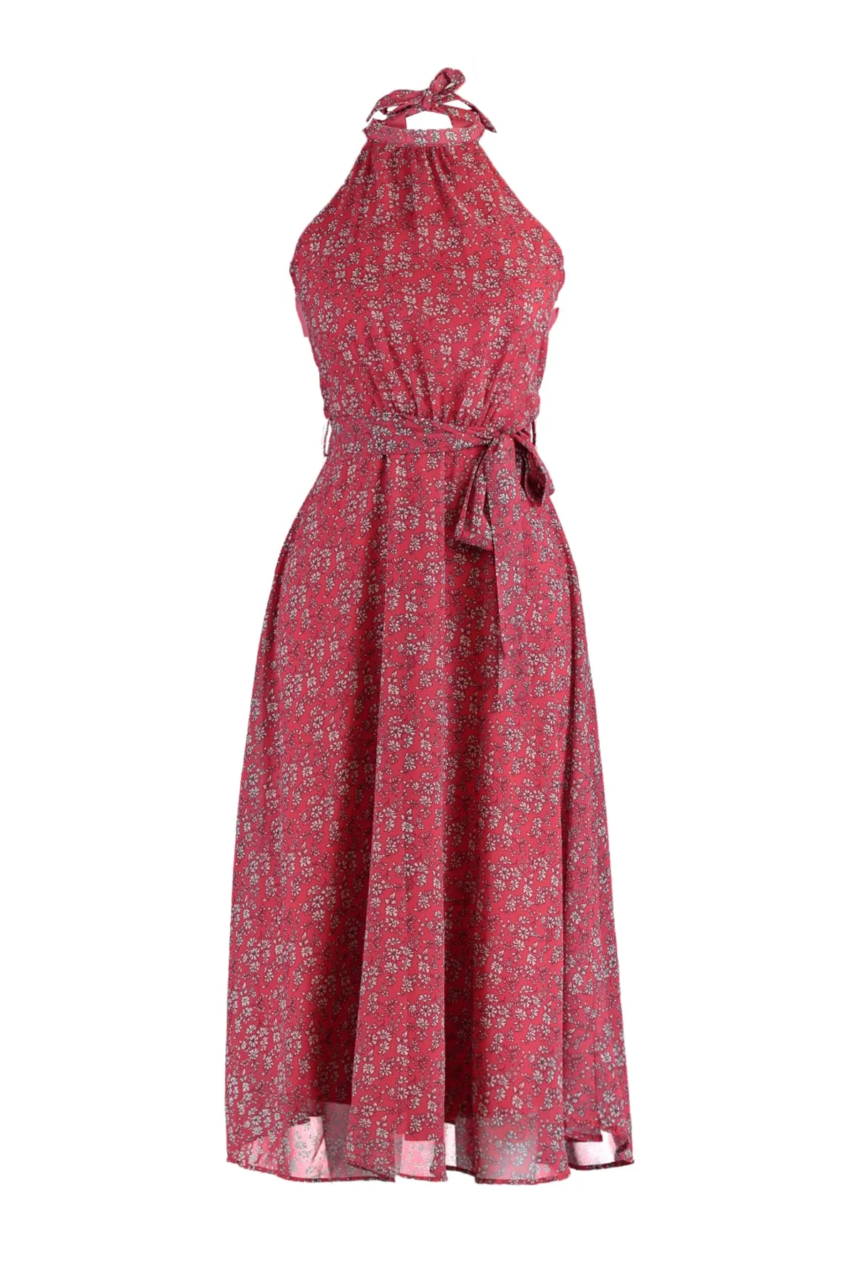 Trendyol Collection  Rosafarbenes, ärmelloses, gewebtes Kleid in A-Linie mit Gürtel und Neckholder und Blumendruck TWOSS20EL2536