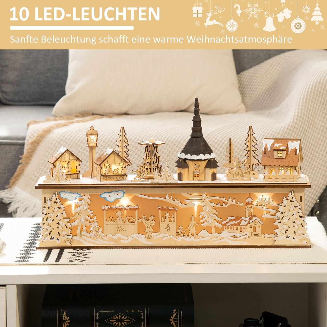 HOMCOM Weihnachtsdeko Verschneites Weihnachtsdorf mit 10 LEDs Natur 45x10x25 cm