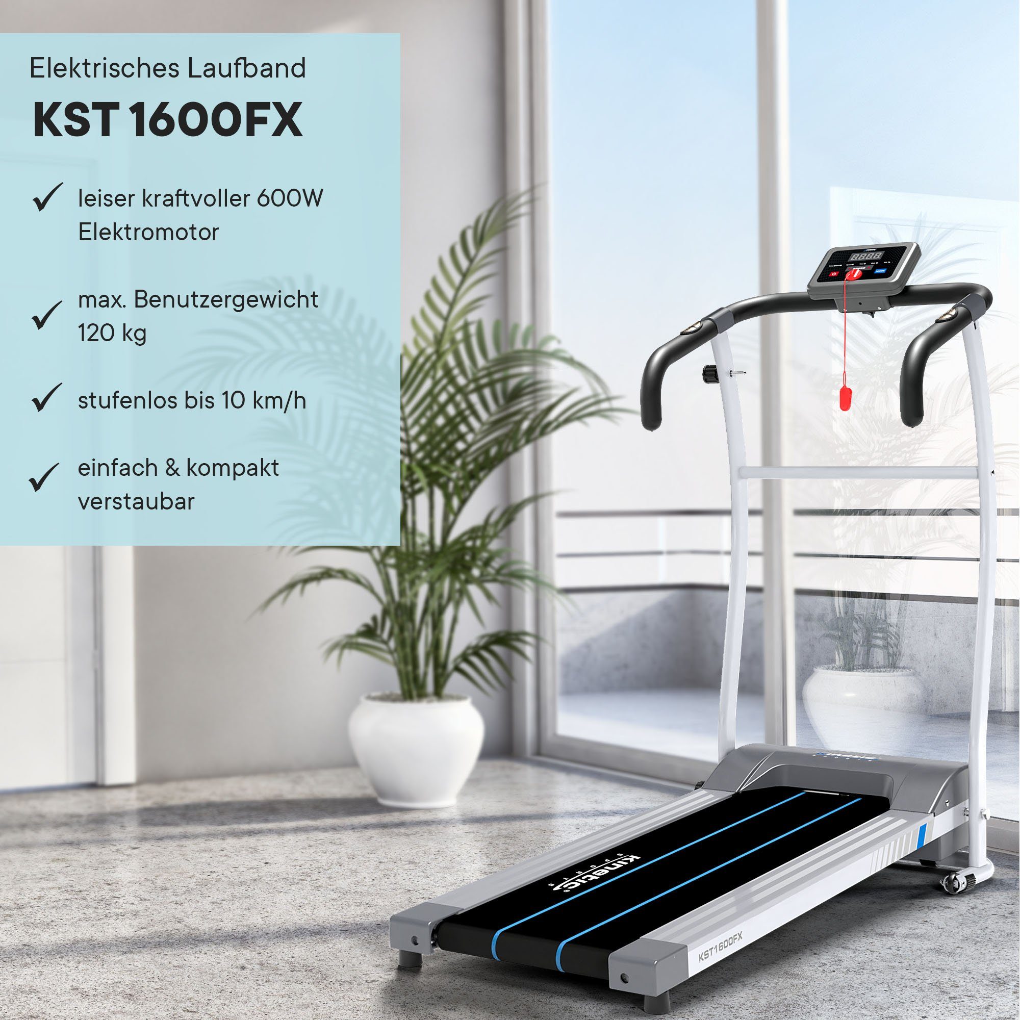 Kinetic Sports Laufband KST1600, klappbar, Konsole mit LCD-Display, 600 Watt Motor, bis 10 km/h
