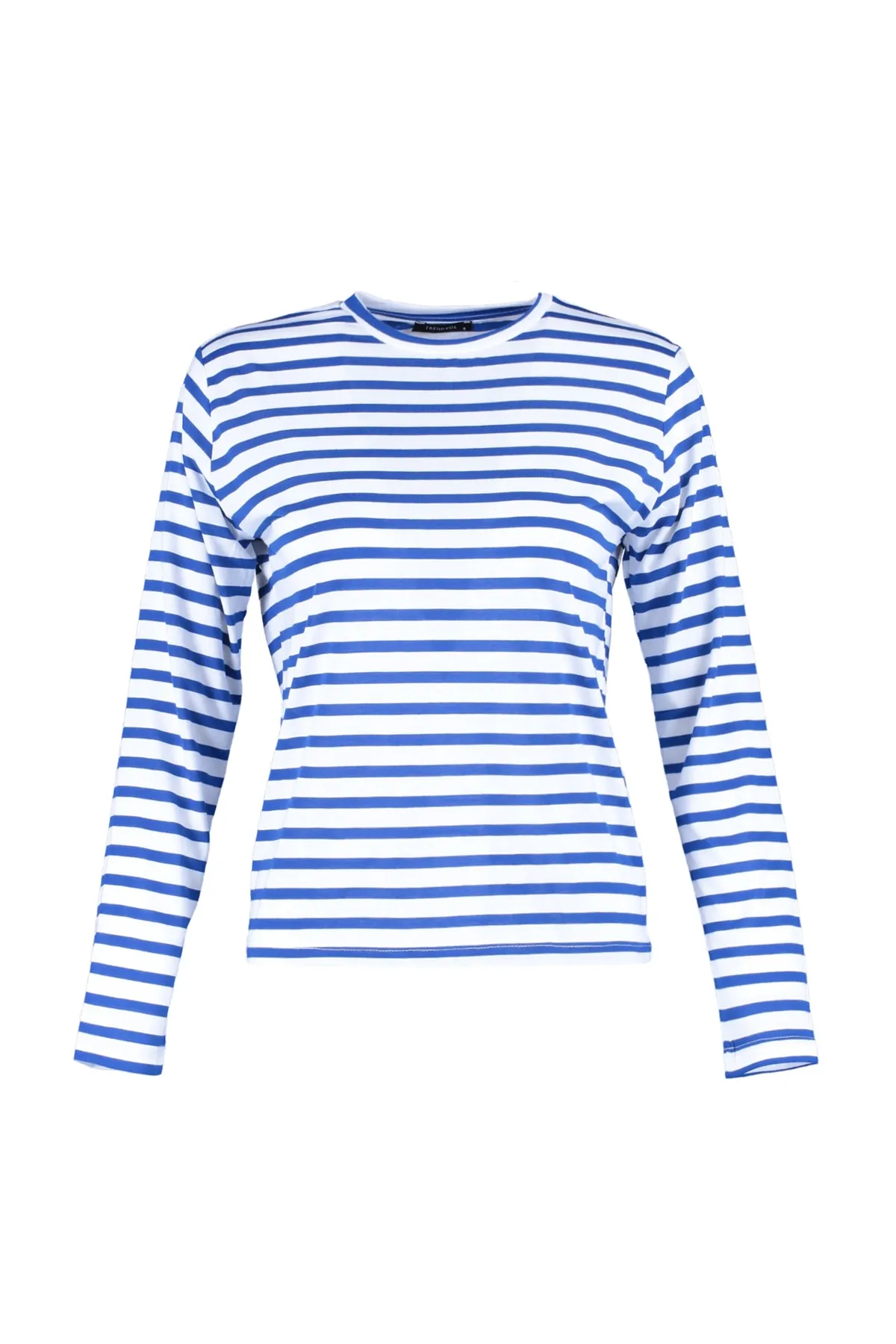Trendyol Collection  Marineblaues, gestreiftes Basic-Strick-T-Shirt mit Rundhalsausschnitt und regulärem/normalem Muster TWOAW23TS00002
