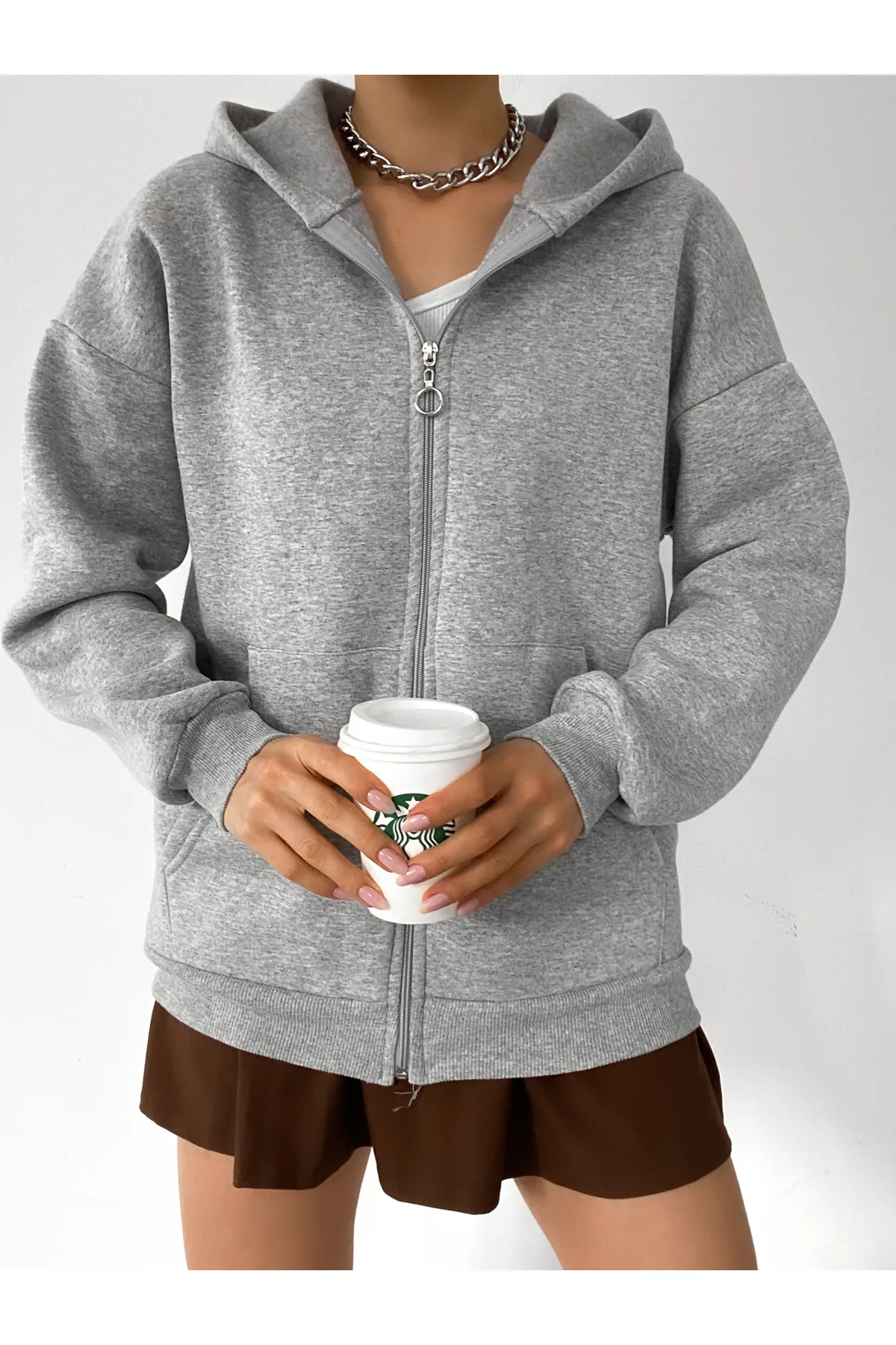 BEJNA  Grauer Oversize-Sweat-Cardigan mit Reißverschluss für Damen