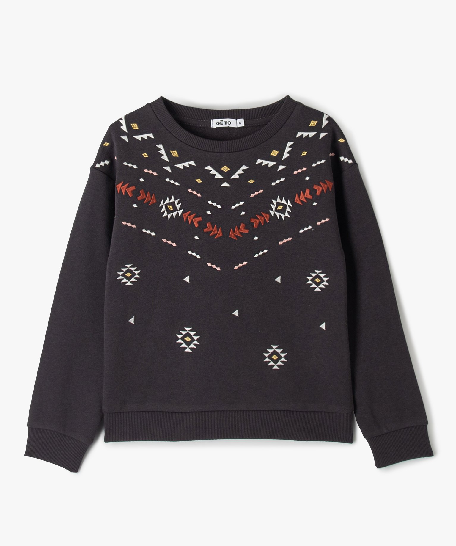 Sweat fille à motifs géométriques brodés gris | GEMO