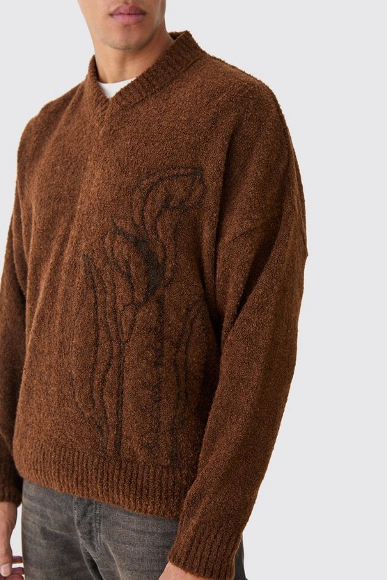 Kastiger strukturierter Bouclee-Pullover mit V-Ausschnitt