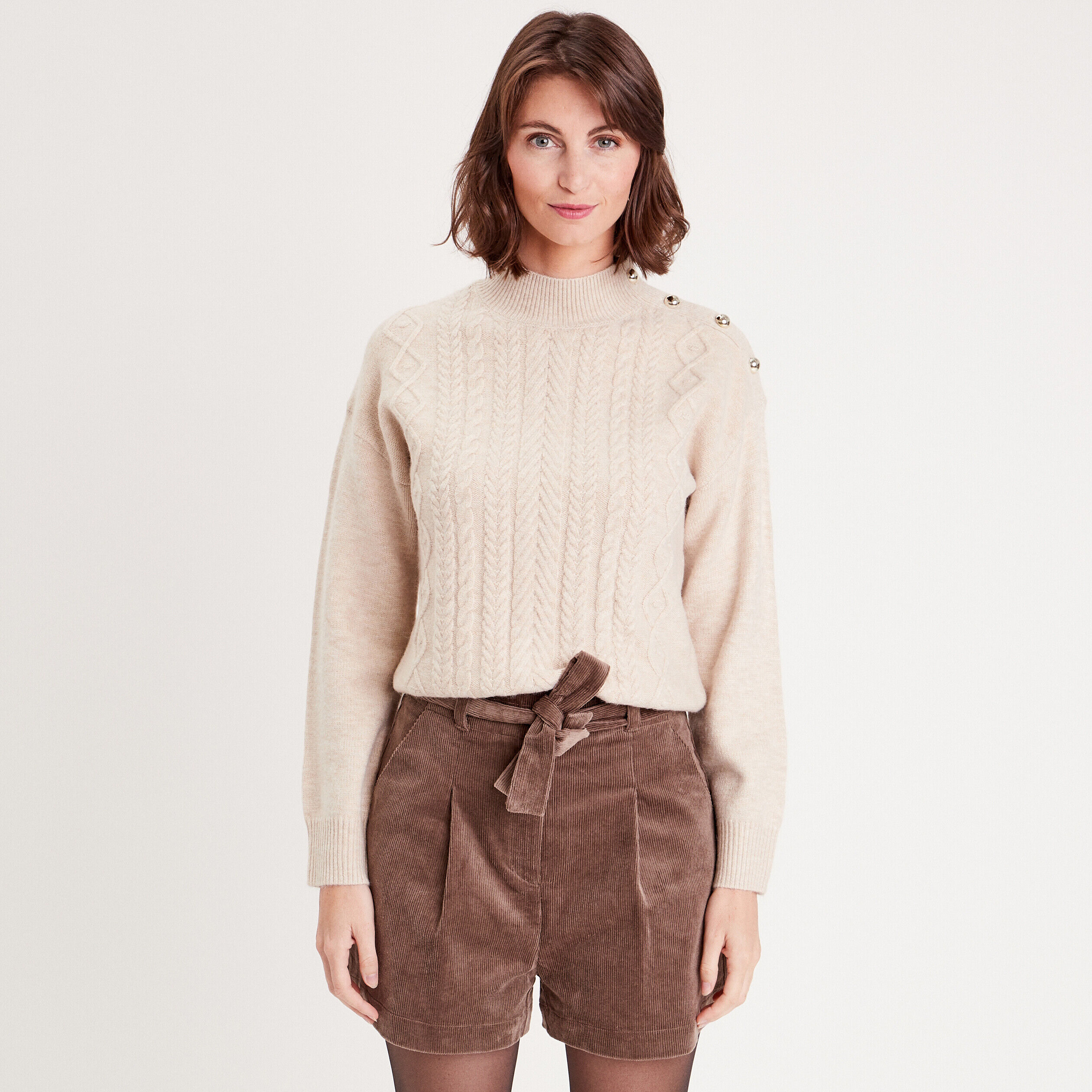 Pull col montant avec torsades sable femme | Cache Cache